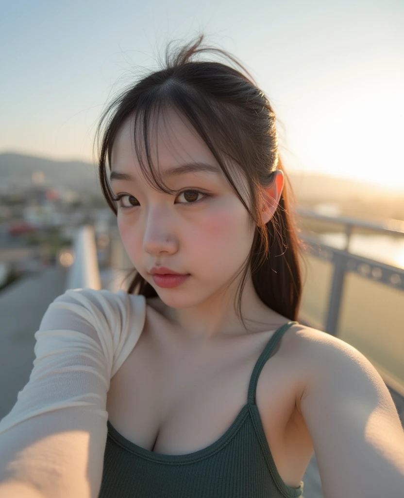 a korean woman wearing red bikini look, whose height is 10000000 kilometers, at the nano-sized miniature endless city of micro-sized endless continent world, she kneel down on top of a lot of nano-sized buildings which are much smaller than her, she feel happy and enjoy
