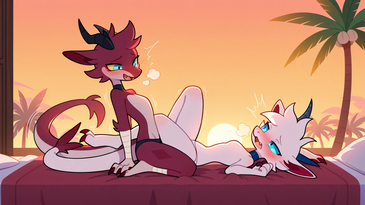 score_9,score_8_up,score_7_up, source_cartoon, kemono style, an all red Anthro scalie Argonian female with red eyes, she’s grinning, she is on top of an Anthro furry female feline with blue eyes and looks confused, they are looking at each other, they are drunk, drink bubbles, they are wearing black underwear