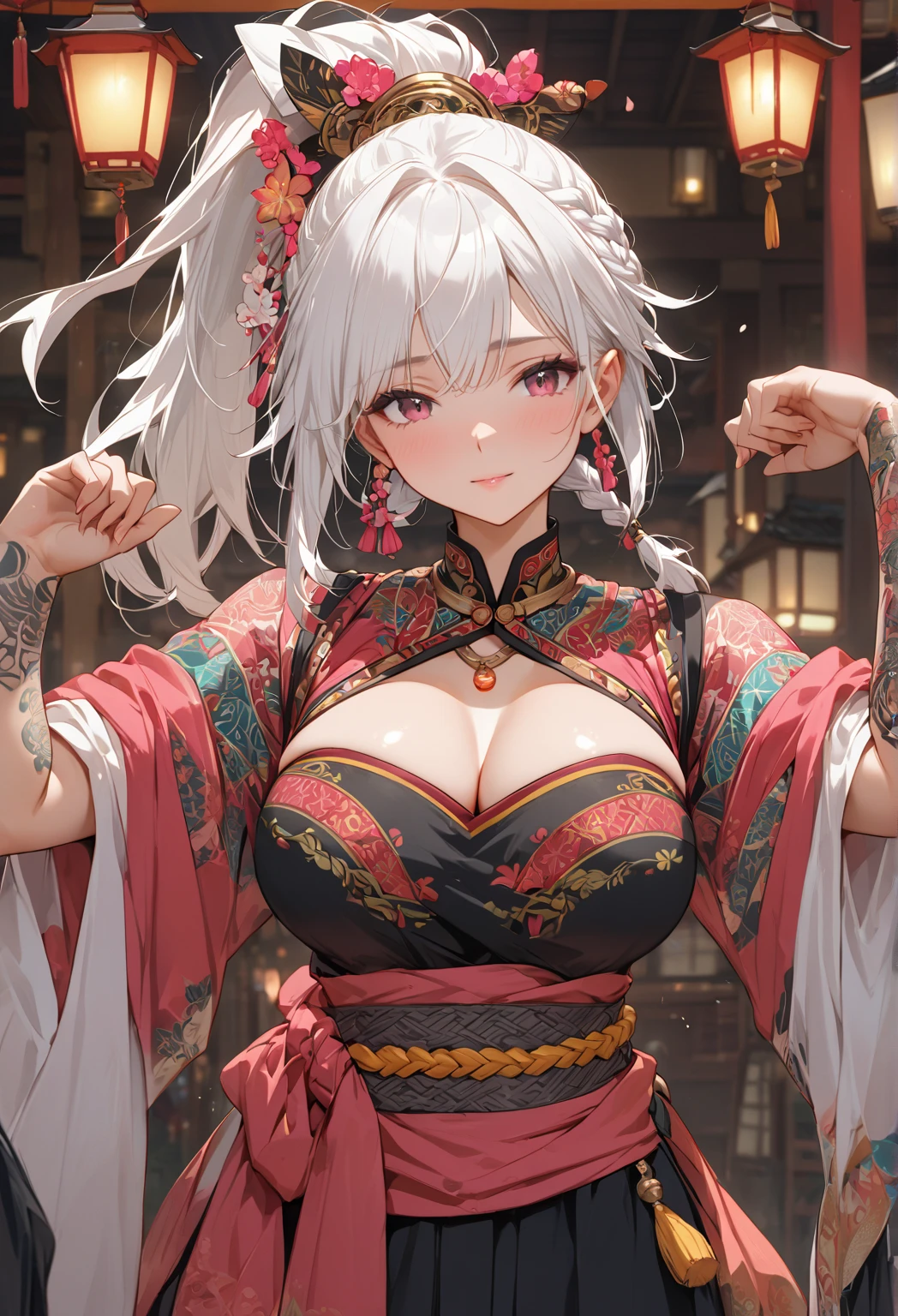 Extremely detailed CG unity 8k UHD QUALITY RESOLUTION WALLPAPER, AWARD-WINNING portrait, official art, Perfect masterpiece, best quality, best resolution, the most beautiful and sexy demon goddess, cowboy shot from below, highly detailed Harajuku-inspired hooded open kimono, oni horns, black angel wings, bold color scheme and patterns, trendy and innovative platinum white Mohawk hairstyle, vibrant makeup, super huge enormously gigantic nude tits and nipples exposed, gigantic tits bursting out of her kimono, nude hairy pussy exposed, tons of tattoos and piercings, detailed feudal Japan dazzling feudal Japan bedroom, cherry blossoms blowing in the wind, vivid color scheme, insane details, beautiful detailed face, blushing, sexy seductive slutty facial expression, looking up at the viewer, close up pov camera view from above, laying down in bed, intricate details, ultra detailed