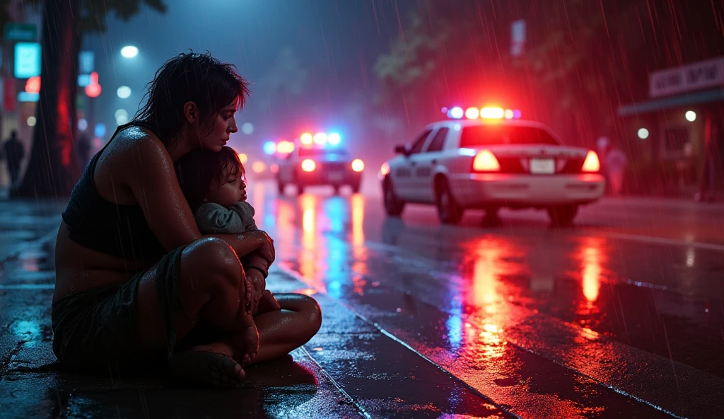 A pregnant male police officer stands in the rain holding a baby under an umbrella with one hand. She appears concerned and determined. The background shows a wet street with vehicles and people blurred by the rain. There is Hindi text at the top of the image. Environment monsoon rain
