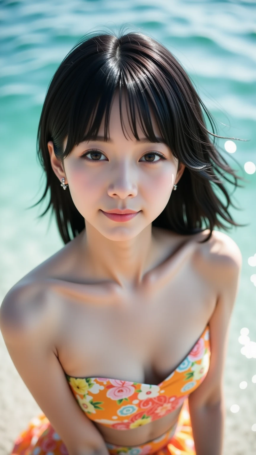 smile,((NSFW)),(Best Quality:1.2), Female dog,(Female organ:1.1),8K, Raw photo, Beautiful sexual woman, Cute beautiful girl,((Her naked lower body is visible、股間のFemale organが見えている:1.3)),blue sea,Blue sky,Palm tree,On a beautiful tropical beach,Hair blowing in the wind,Semi-short hair、Twin tails