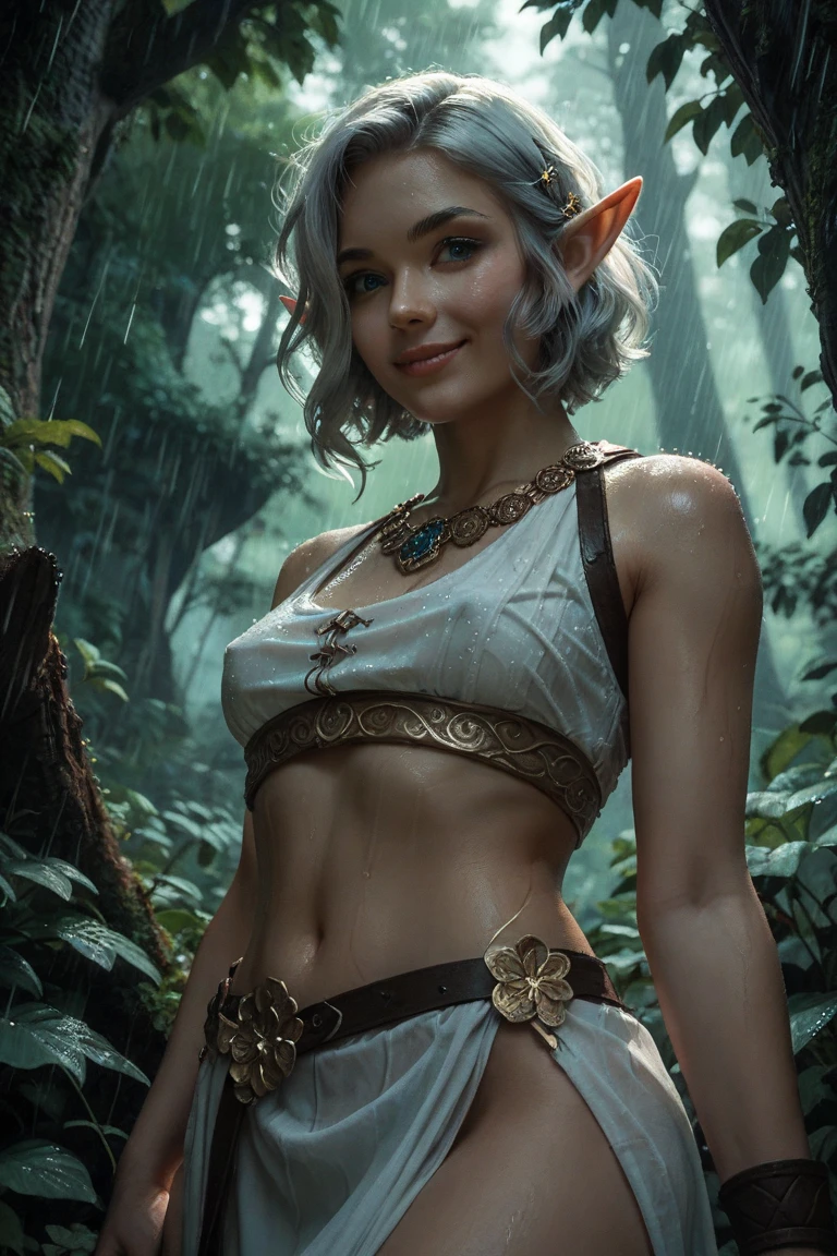 An illustrated movie poster, hand-drawn, full color, a teenage elven girl, wearing a lace bralette and bloomer shorts, tall, toned, athletic hourglass figure, long pointy elf ears, bright amber eyes, dark hair, short curly bob, deep sun-tanned skintone, brown complexion, freckles, standing in a sunny rainshower, wet clothes, graphite shading, stencil marks, airbrushed acrylic paint, masterpiece, in the style of the Lord of the Rings