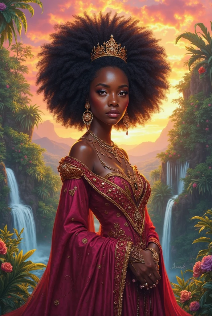  picture of an exquisite beautiful African female vampire standing under the starry night sky at the base of the waterfall, dynamic angle (ultra detailed, Masterpiece, best quality), ultra feminine, (black skin: 1.3), dynamic hair color, wavy hair, dynamic eyes color, cold eyes, (glowing red eyes: 1.3), intense eyes, dark red lips, busty, wearing dynamic color dress dress (ultra detailed, Masterpiece, best quality), wearing blue cloak (ultra detailed, Masterpiece, best quality), long cloak, flowing cloak (ultra detailed, Masterpiece, best quality), wearing high heeled boots, water coming down from a mountain, multi level water falls, several pools created in different levels, forming new waterfalls, water cascading into a pool steam rising, clear water in many hues of blue and azure falling, ultra best realistic, best details, best quality, 16k, [ultra detailed], masterpiece, best quality, (extremely detailed), ultra wide shot, photorealism, depth of field, hyper realistic painting, sky full of stars background, moon, bats flying about, high details, best quality, 8k, [ultra detailed], masterpiece, best quality, (ultra detailed), full body, ultra wide shot, photorealism, dark fantasy art, dark fantasy art, gothic art, many stars, dark fantasy art, gothic art, sense of dread, Intense gaze, Mj Osea Style