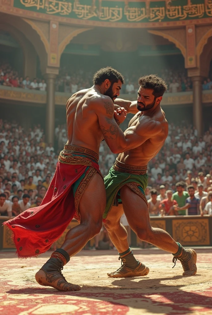 Fit indian wrestler pinning opponent on ground by trampling him under his boots