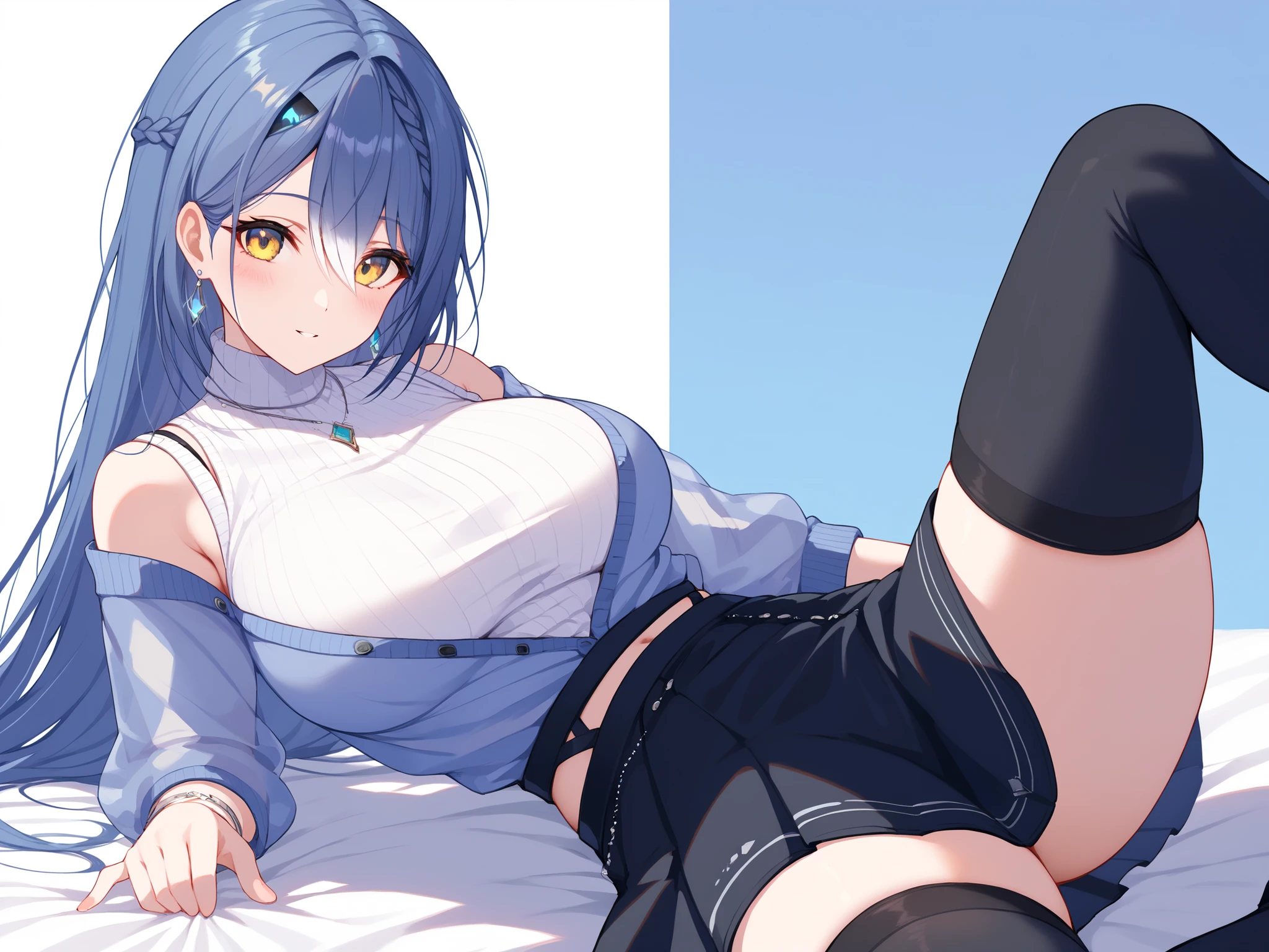 master piece、Best Quality,Super detailed,High resolution,Extremely detailed CG,Unity 8K Wallpaper,weat,score_9, score_8_up, score_7_up, score_6_up, score_5_up, score_4_up, source_anime ,Etra, blue hair, long hair, yellow eyes, white streaked hair, braid, hairclip,Vt_2nd, alt black footwear, alt thigh boots, high heel boots, midriff, suspenders, necklace, earrings, bracelet, sweater, pleated skirt, black skirt, shoulder straps, sleeveless shirt, white shirt, halter shirt, ribbed shirt, turtleneck, cropped jacket, partially unbuttoned, blue jacket, off-shoulder jacket, see-through sleeves, sleeves past elbow, jewelry,, mature female,lying on one’s back, spread legs,thick thighs,wide hips,large breasts