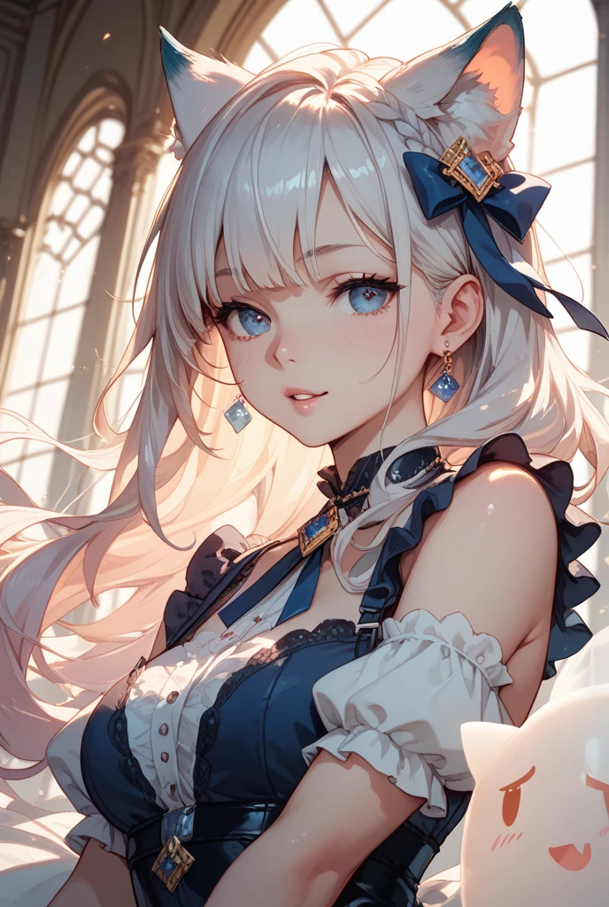In front of the altar of a majestic church、(blurry backround)、brightened light、golden long hair girl、Classic White Wedding Dresses、(elegant luster)、(Lots of races)、lots of ribbons、((voluminous puff sleeves))、long cuffs with many buttons、golden embroidery、Long Train、white embroidered gloves、((5 fingers))、A smile、Redness of the cheeks、((very closeup))、((facial close-up))