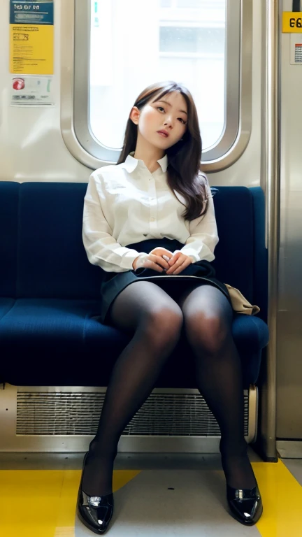 (masterpiece, Highest quality, 8K, RAW Photos, beautifully、aesthetic:1.2), Intricate details, indirect lighting, Realistic,
whole body, Sitting on a chair on the train、Staring at the viewers、Voyeur、
Square neck button-down linen sundress, (Ultra-realistic pantyhose)、
Training women , Chair to sit under skirt,