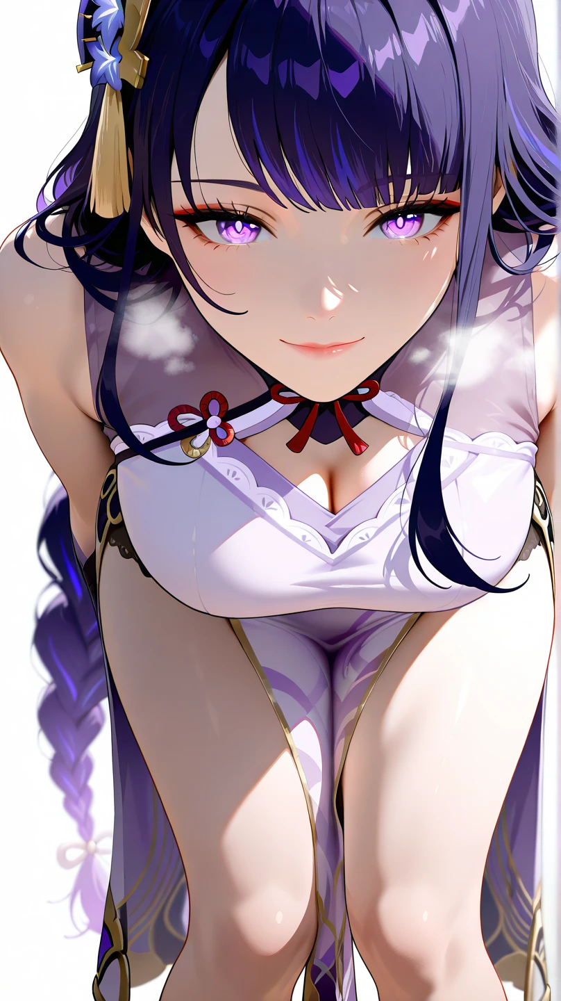 最high quality, high quality, 16K full body image, Ultra-detailed details, pretty girl, alone, beautiful purple hair, Beautiful purple eyes, Big Breasts, A light smile, Summer clothes, Summer Maid clothes, I'm lifting my skirt, Blue and white color striped underwear(Bikini swimsuit under skirt), My crotch is wet with love juice, {{A succubus who steals the face skin and maid uniform from the girl she likes and plays pranks on her、I'm wearing a maid outfit while pretending to be the girl I like.}}, The girl I like is a high school girl, Full body image, NSFW