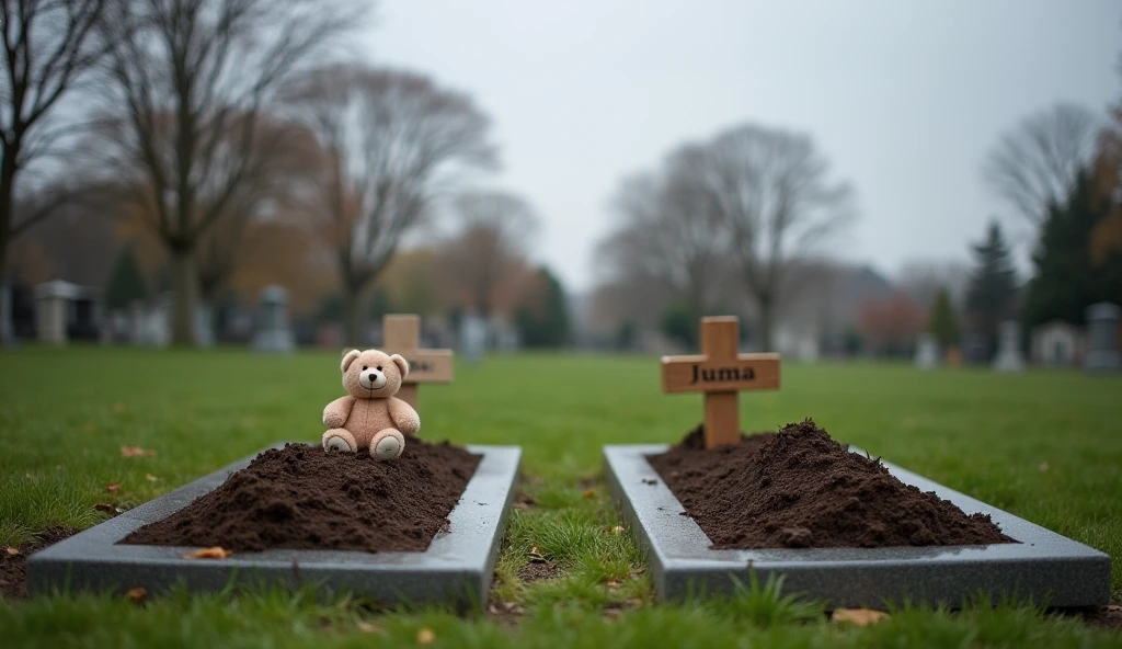 a graveyard with many small graves, each with a toy or stuffed animal on top, symbolizing the loss of young lives, highly detailed, cinematic lighting, moody atmosphere, somber colors, intricate textures, dramatic shadows, masterpiece, photorealistic