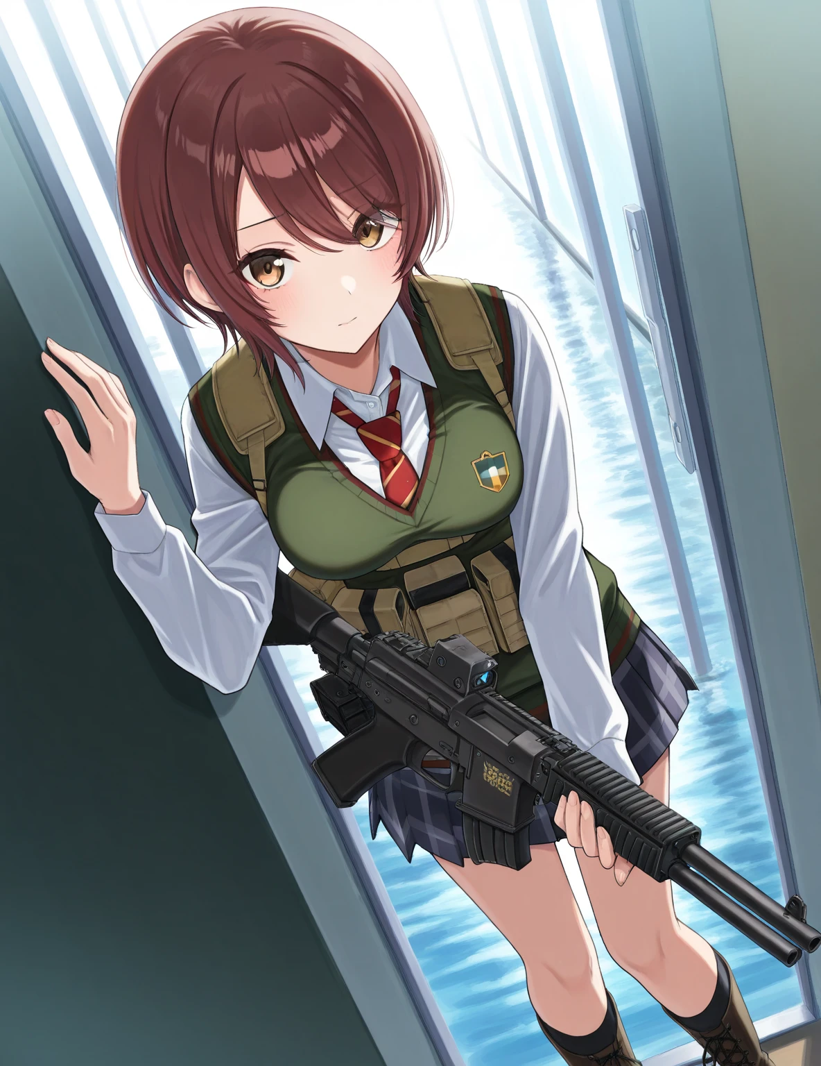 1girl, kadotani anzu, girls und panzer, serafuku, long sleeves, green skirt, black neckerchief, white shirt, pleated skirt, black socks, loafers
riding tank, cigarette in mouth, middle finger
masterpiece, best quality <lora:Ani_kadotanianzu_5t:0.7>