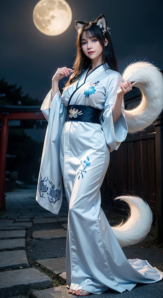 Blue and white fox woman with long white wavy mini hair and with 9 fox tails on her back with a long white fox tails with dark blue tips at the end a Annoyed stare expression on her face and wearing a blue and white blossom kimono  and holding a katana