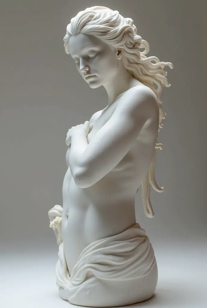 white marble statue, 1mulher, jovem, com um pouquinho de barriga, deusa grega, nua, sentada na base, de costas para a camera, curvas bem definidas, alta resolução, cabelos longos, rosto virado para o observador.