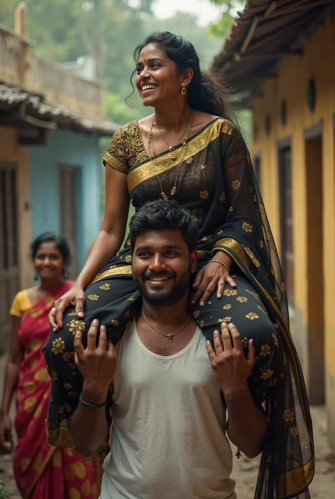 Indian woman lifting and carrying a man on her shoulders