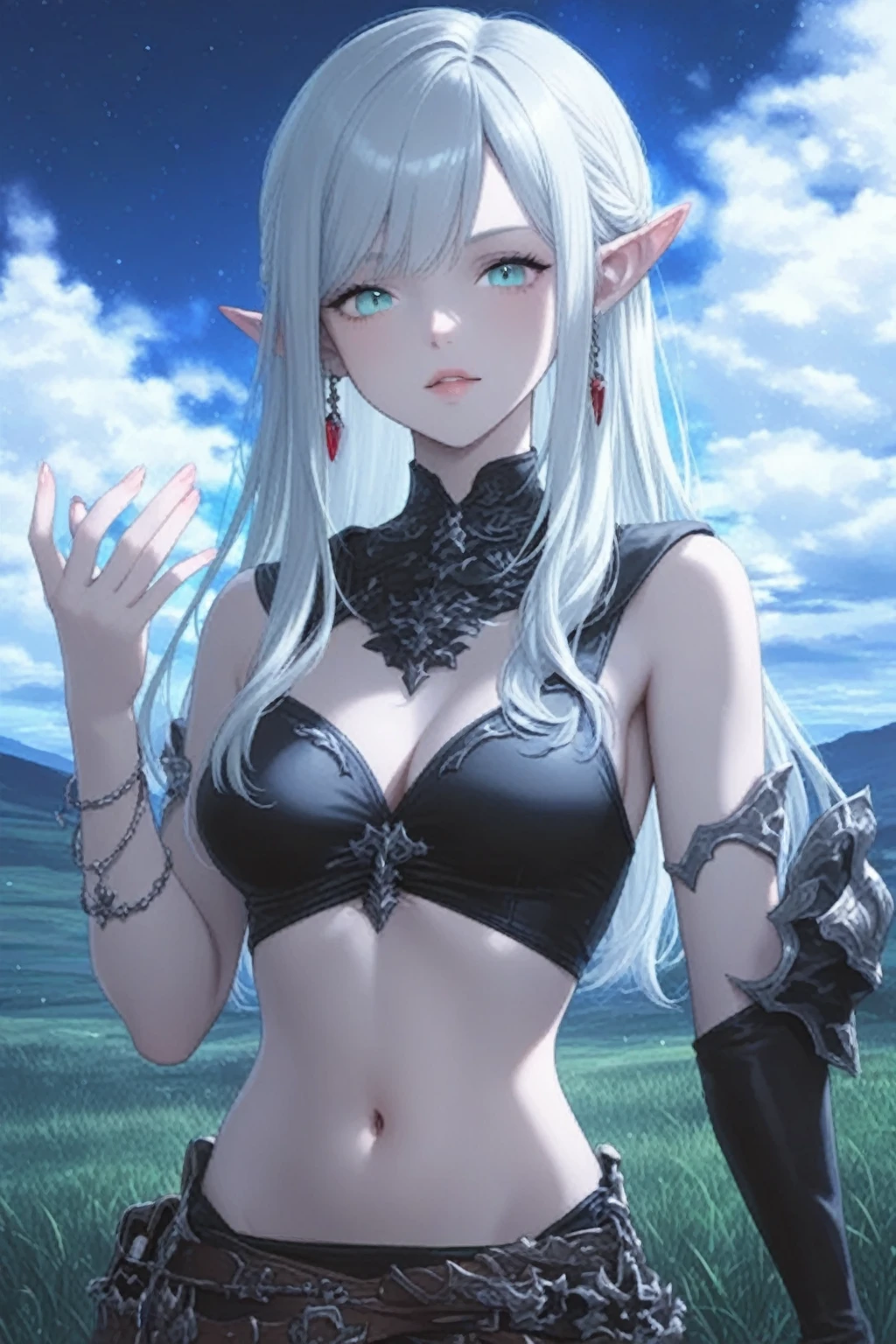 1girl, anime, cute girl, elf, blank background, white background, fantasy, detailed dark fantasy dress with highlights, beautiful face, beautiful eyes, dark colors, medium breasts, slight cleavage, beautiful skin, cute, silver hair, red eyes, breast curtains, extremely delicate and beautiful, (beautiful detailed face:1.0), (detailed deep eyes), symmetrical breasts, deep eyes, shiny skin, portrait, slender waist, hips wider than shoulders, thighs, young girl