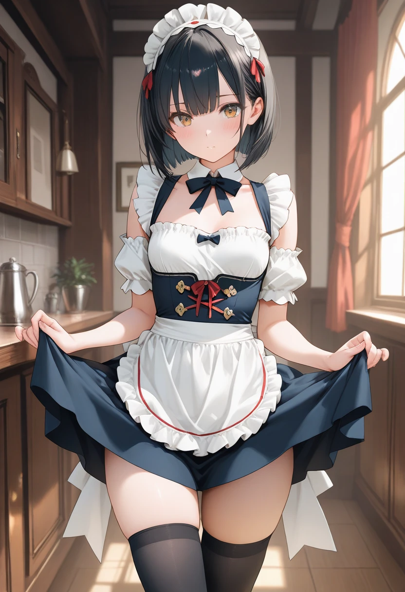 (masterpiece,highest quality,超A high resolution),Japanese women, (((Very beautiful 25 year old girl))), pretty girl、Look at the photographer、 (()), Very cute face, Glossy Lips, Double eyelids on both eyes,Natural smile、 Natural Makeup, Long eyelashes, Shiny and smooth hair、Center image, Perfect limbs, Perfect Anatomy,(((Cafe,Maid lace panties)))、(Skirt Hold:1.2),((garter belt)),Wet with sweat,