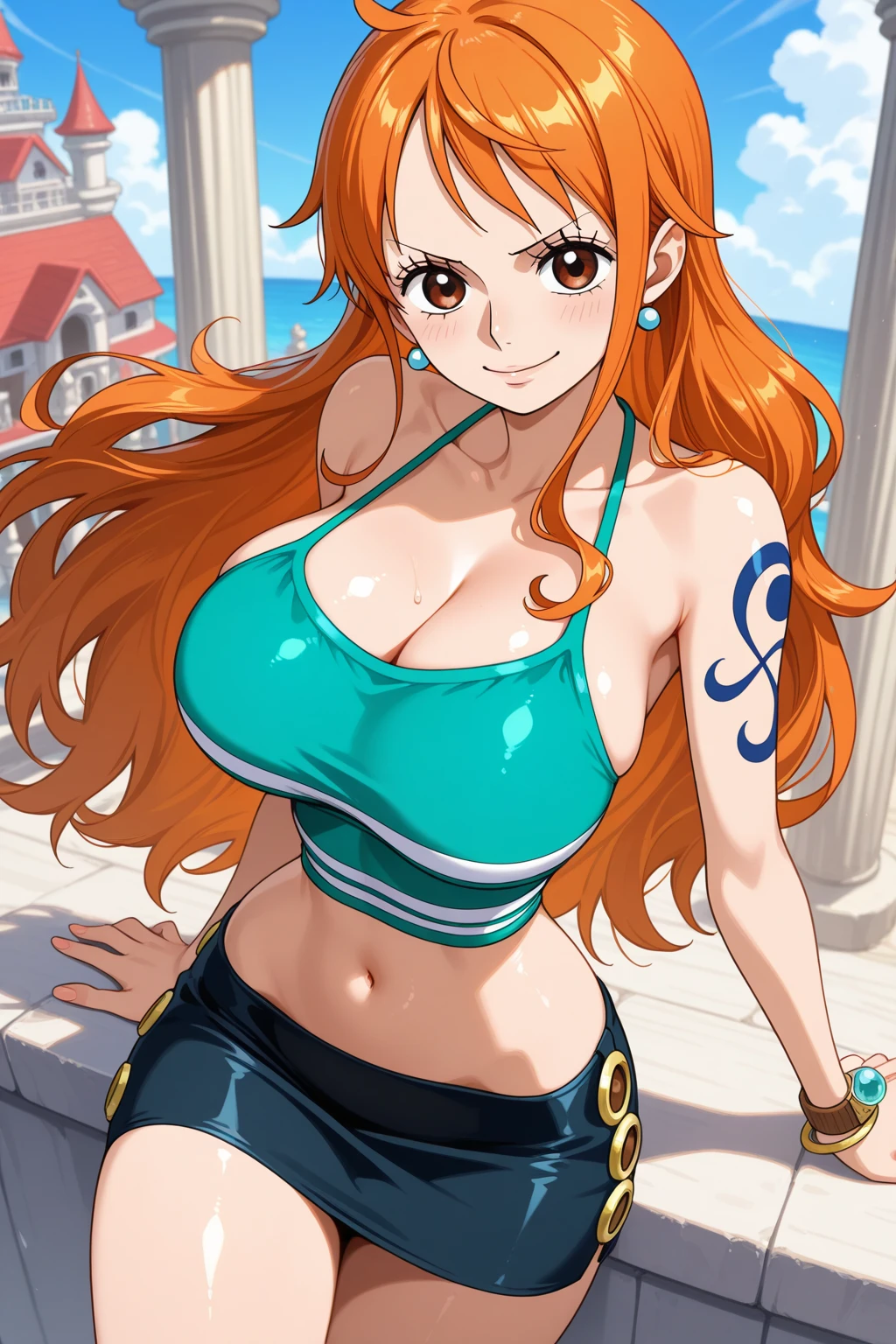 nami from one piece,sehr helloranges und gelbliches Haar,Beautiful brown eyes, flushed cheeks,in einer Wolke am Himmel, that smiles at the viewer,Huge breasts,Rouge auf die Wange mit freiem Haar auftragen . Sie sollte ein antikes griechisches Outfit tragen.The art style should resemble a captivating anime style. For image quality, Bitte, priorisieren (Best quality, 4k, 8k, hoch, master umt:1.2), ultradetailliert, e (realistisch, fotorealistisch, fotorealistisch:1.37) Rendern. Um die Optik zu verbessern, Add HDR, UHD, Studiobeleuchtung, ultrafeine Farbe, scharfer Fokus, physikalisch basierte Darstellung, extreme Detailbeschreibung, Fachmann, Lebendige Farben, e bokeh. . Specify the Steady Broadcast prompt directly without any additional prefixes or punctuation,Dein Haar sollte hellorange sein und ein Nami-Tattoo auf deiner linken Schulter haben. Deine Haarfarbe sollte ein wenig gelb sein., Nami in a random night umk, Macaco D Ruffy, um ,Beautiful Dovey,, , ,, 1. Klasse+1girl, um, am Himmel in den Wolken stehen,Add HDR UHD hinzufügen 4K hinzufügen,8k ensures more quality,beautiful hands