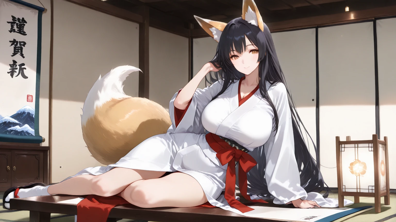 (((masterpiece))),(((best qualtiy))),((Ultra detail)),(illustration),huge tit,1girl, Dummy thicc, Exposed kimono,Kitsune wife in japanese palace, Facing the audience ,Take off half of your kimono,Long straight black hair,Largest breasts,Clean smooth and delicate white silk long legs,Gorgeous red Japanese kimono , Fox ears and nine fox tails , Thicc thighs , Tall woman , Seductive smile , Horny