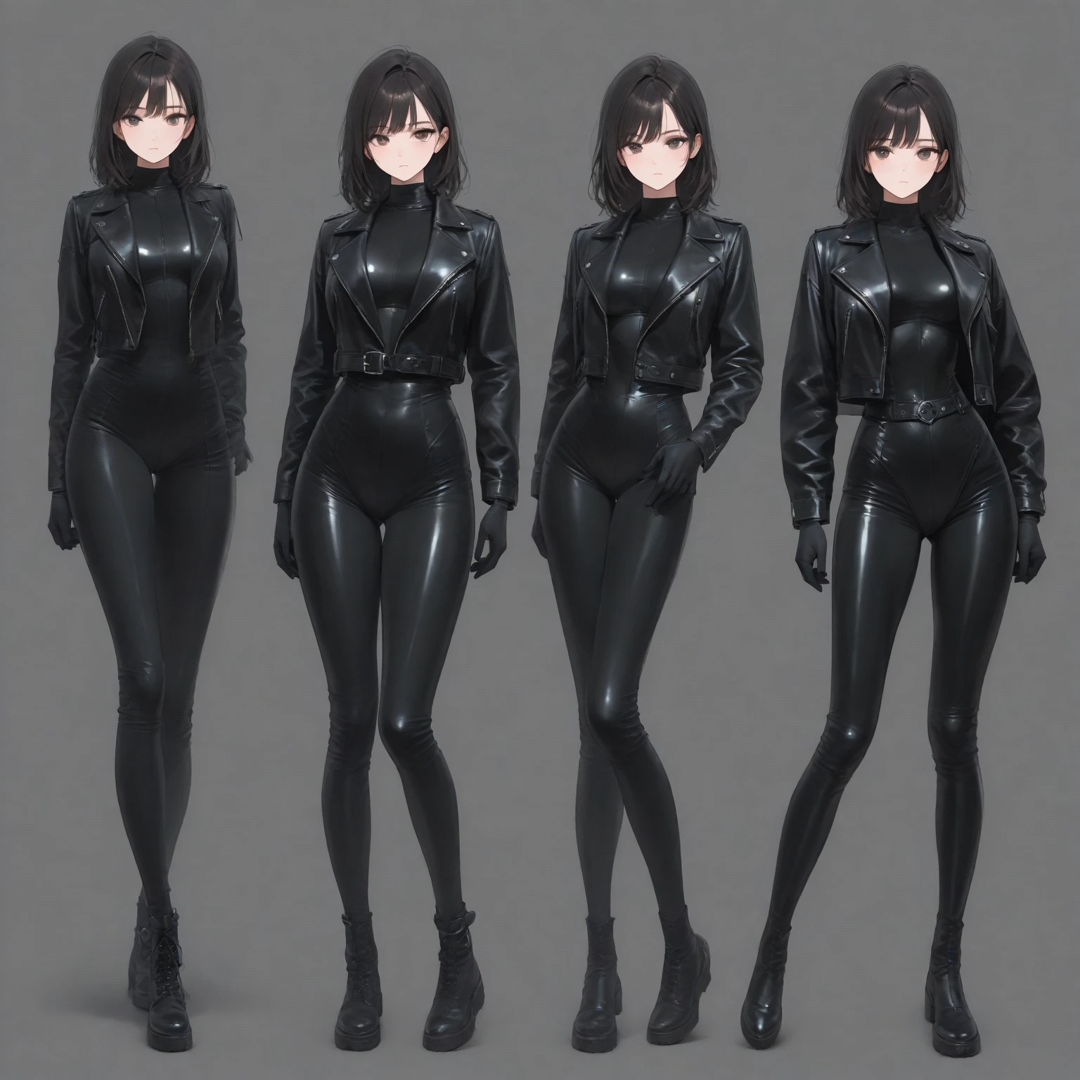 (Full body shooting :2), (Full Focus:1.3),Must show your face, anatomy correct, The character is a female bodyguard,Black and gold color scheme,Strangle effect,High-heeled leather shoes, anklet,leg loops,collars,Heavy makeup, A shallow laugh, Latex stockings must be worn, hyper HD, Ray traching, structurally correct, Award-Awarded, high detal, lightand shade contrast, cinmatic lighting, tmasterpiece, super detailing, high high quality, high detal, best qualityer, 16k