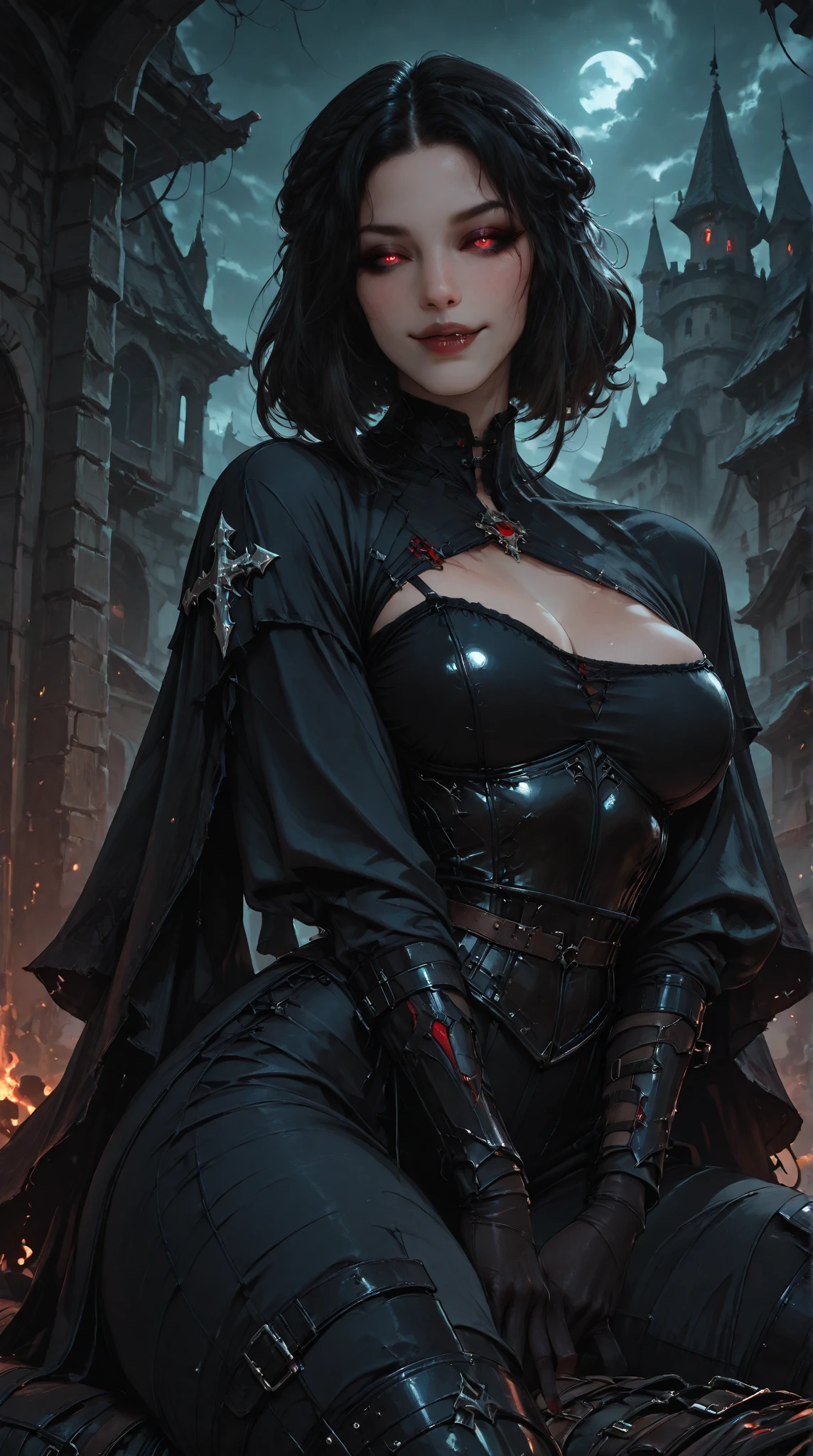 An adult vampire wizard character wearing a very detailed and beautiful gothic armor. Seu cabelo com corte curto. cor do cabelo preto. lip color: preto, cor roxa dos olhos, manto, capuz, Eclipse at the apex of the image, Sanctuary, Magnificent, 8k, with an air of importance and grandeur. Capa vermelha flutuante, personagem centralizada, capuz, serious facial expression, se olhando no espelho, cabelo curto caindo sobre o olho, statues, espelhos, Encapuzada