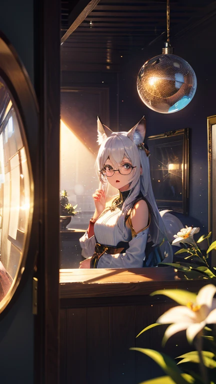 ((Best quality)), ((masterpiece)), (detailed), best quality,8K,original photo,This is a perfect face,Fox-eared maiden,touch fox,Castle Background, Liveliness. Carefree happy joy bokeh background. Quiet aesthetics. Soft lighting. Artistic Lighting. wearing glasses