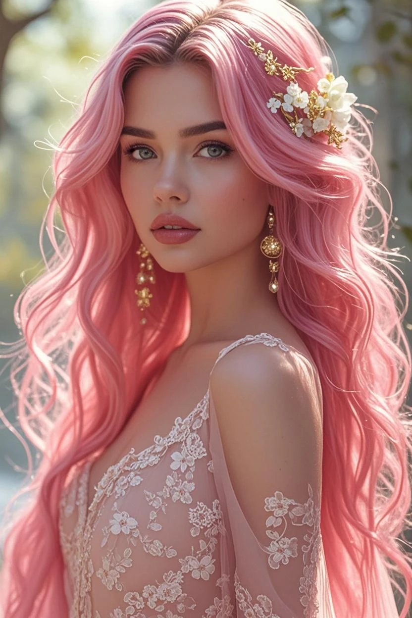 Una mujer preciosa sentada en un vestido (((rosa)))  estilo princesa, cabello rojo que fluye, Ojos azul cielo, with small freckles on the face, Detalles intrincados, estilo natural