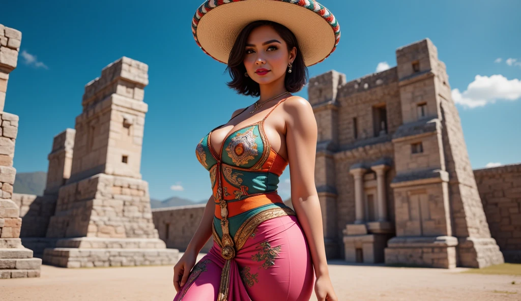 (best quality), 1 woman, blush, standing, looking at viewer, nature landscape, long blonde hair, braided pigtails, big bangs, blue eyes, green thong leotard, turtleneck, sleeveless, red beret, Red Socks, black calf-high combat boots, red gauntlets, chest harness, thigh holster, cheek scar, cowboy shot, green costume, green top costume, green clothes, resin costume clothes, fighter plane, desert area, Nice fragrance, Egyptian pyramids