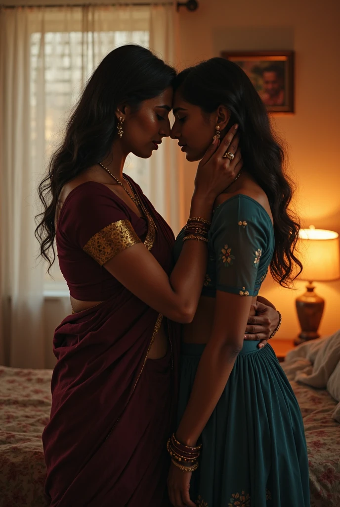 Two indian sexy women,1 woman is a milf with 16 to 17year age,otherwoman is young with 16 to 17year old aggressively making out, on bed, night time, hugging tight, kissing passionately, lips touching, revealing clothes, stripping, bare skin, absolutely hot