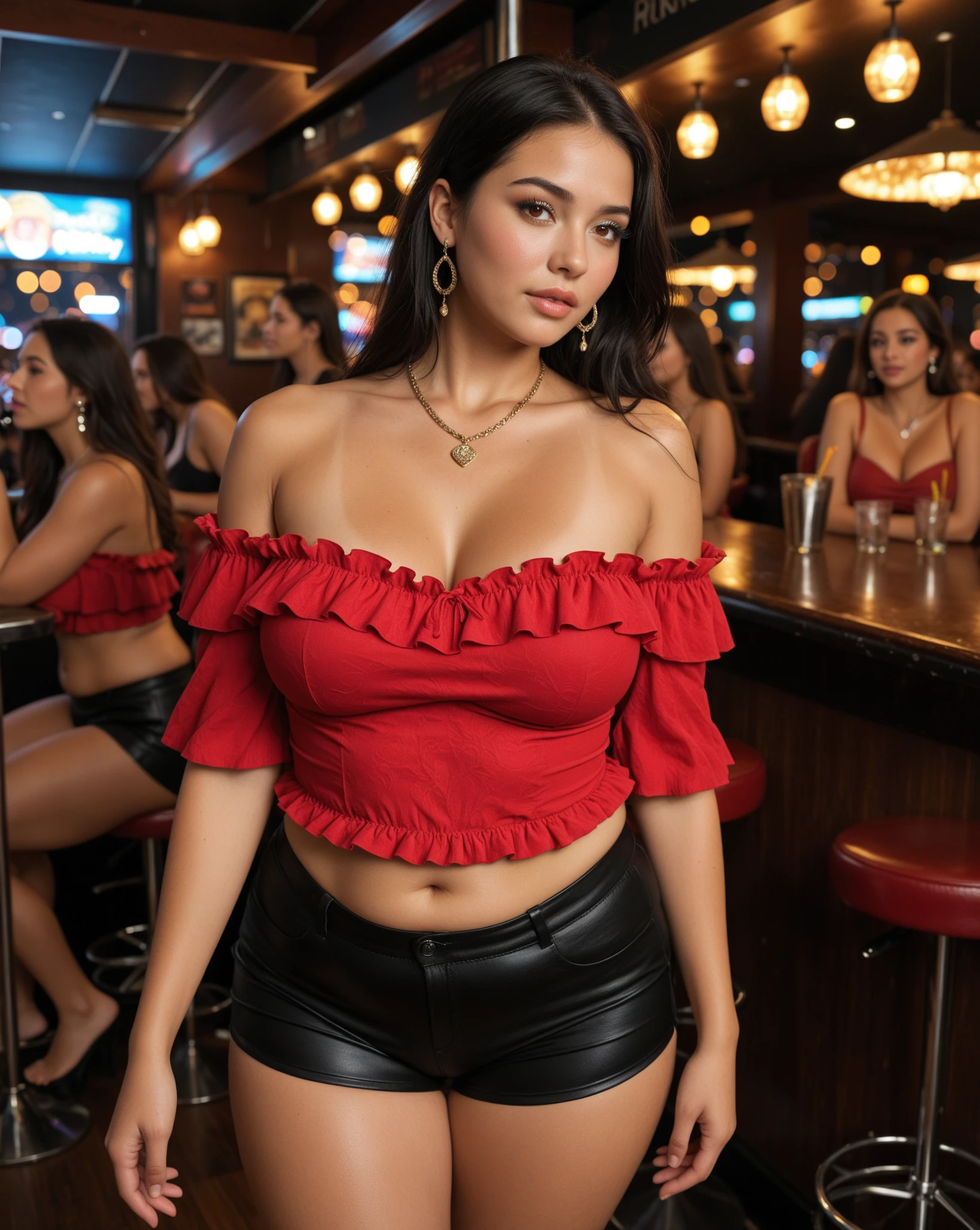 (masterpiece), (photorealistic), (best quality), (sensitive), (ultra-detailed), (very aesthetic), (absurdres), (newest), (ultra high resolution), (sensitive), (best anatomy), pérsónájé, thick thighs, long eyelashes, curvy,  dutch angle, upper body, Bokeh, (dim lighting, dark, dark background, blurry background), dark theme, wide neck, short neck, 30yo, long hair,  , black hair,  Latina woman pose standing barefoot gracefully variation 740, Off-shoulder red blouse with ruffle details, High-waisted black shorts,crowded nightclub booth, earrings, necklace, plump, thicc body, expressive eyes, skin texture, natural expressions,