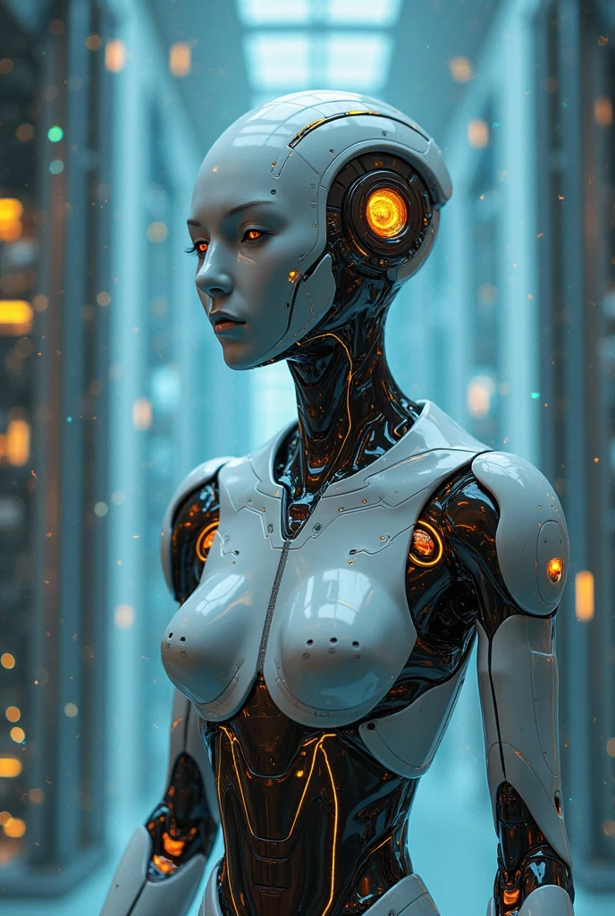 A portrait of a mechanical girl in stunning 8K resolution, meticulously detailed to the utmost realism. The scene is bathed in global illumination, casting intricate shadows that highlight the ornamental details of her metal form. Rendered with Octane rendering, the image boasts sharpness that reveals every intricate part of her construction. The color palette is cool and glowing, reminiscent of Egyptian artistry, with neon accents that add a futuristic flair. The mechanical girl's limbs and face are all machine, adorned with incredibly intricate details down to the smallest components. Her machine skin is a complex network of interconnected parts, including blood vessels merging seamlessly with tubes. She has machine hair and luminous mechanical vertebrae extending from her back, as well as a mechanical cervix attached to her neck, all emitting a soft glow. Standing amidst a sophisticated laboratory, she is connected to an intricate web of millions of wires and cables that link her head and body to various sophisticated equipment, creating a mesmerizing display of technological marvel. This composition is expected to trend highly on CGSociety for its exceptional realism and superlative attention to neon-lit and detailed mechanical elements.