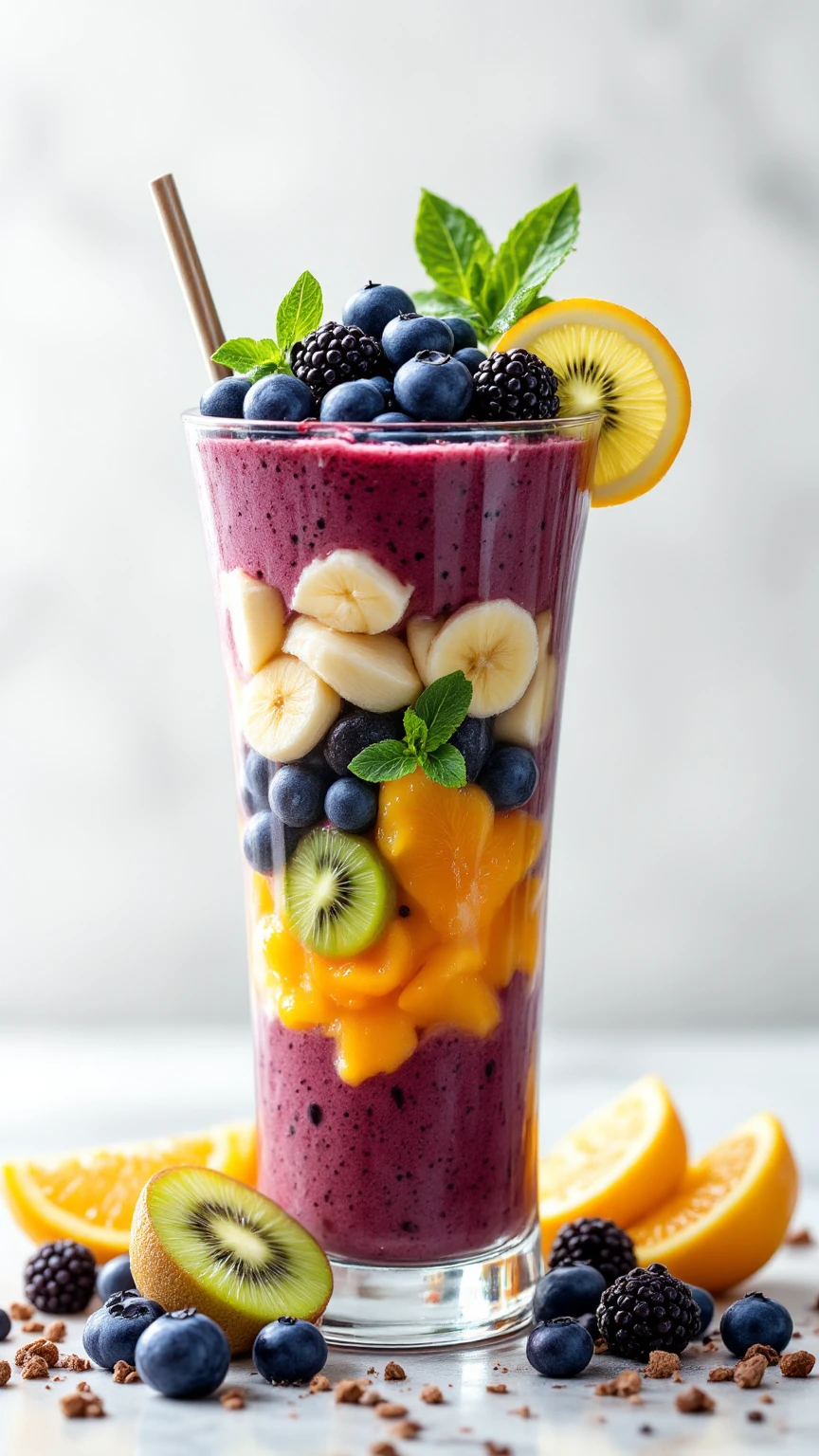 Photos of food. Hyperrealism. Photo marketing. Smoothies in a tall glass glass blueberry, banana, orange, kiwi. Dynamic composition. The perfect photo. A masterpiece of food photography.