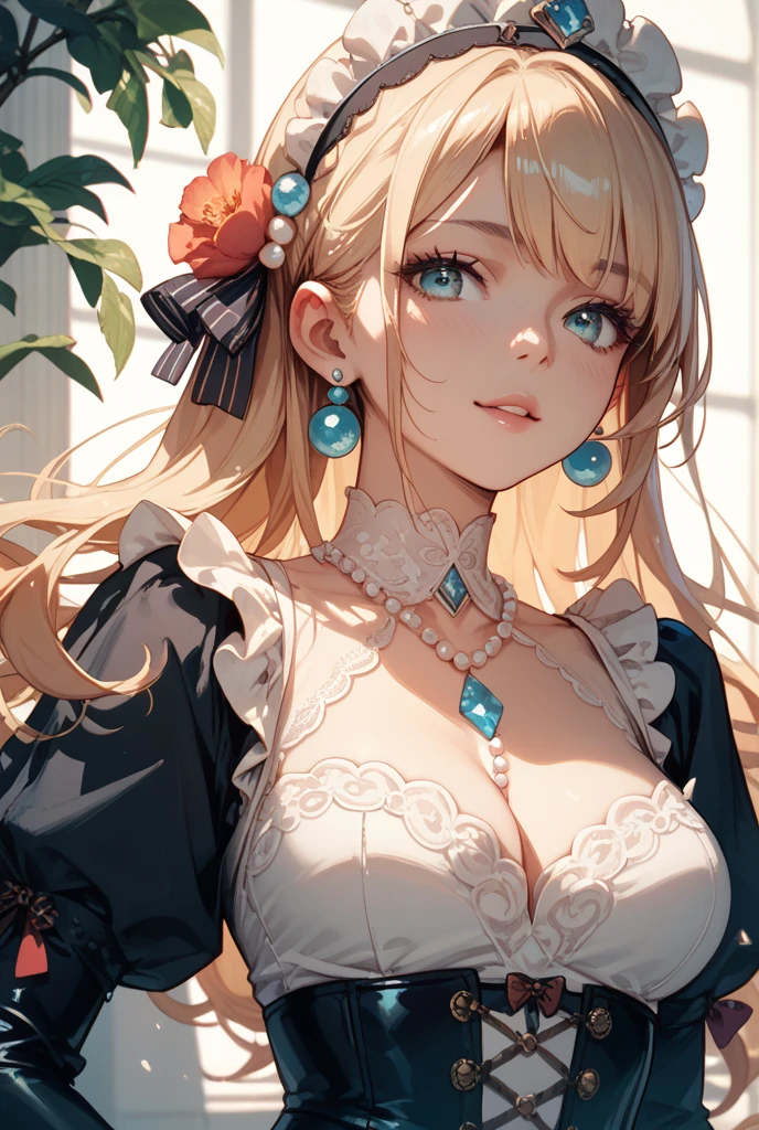 ((best qualityer)), ((work of art)), (detailded), female, blonde hair, long hair, wavy hair, Blue eyes, wearing dress, pearl necklace, white gloves
