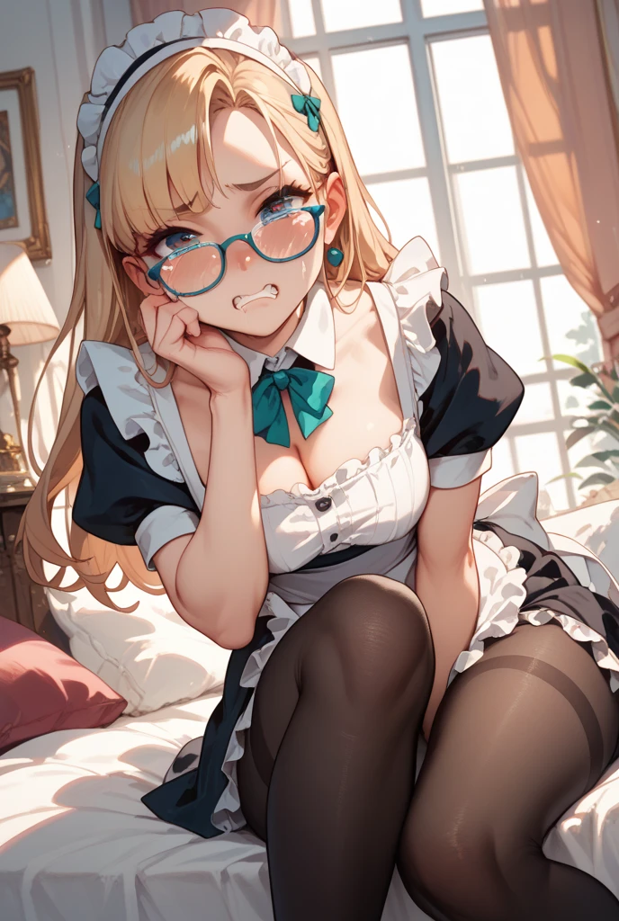 (nod、Ade)、((rimless glasses))(nsfw:1.5),(five fingers),(EnvyBetterHands, QuickHand),(angled, sharp, edgy, piercing, fierce)、(green Eyes:1.2),(big eyes:1.6), ,Drunk,(tilt one's head:1.3),(doe-eyed:1.1),(smile:1.5),((blush)),、(Well-proportioned )、((Beautiful hair)),(((Long and narrow face))),(((Small face))),((open mouth:1.8)), (((dynamic pose))),(green eyes:1.5), ,((contrasted:1.5)),((Anime painting))、(looking at viewer),(独奏,girl, alone, Are standing, smile, , Maid,Maid服),,((slant eyes:1.5)) , ((masterpiece, best quality,Highest quality、High resolution,8K,ultra-detailed face,アニメ,ultra-detailed eyes,ultra-detailed hands,ultra-detailed fingers,ultra-detailed hair,ultra-detailed hands, shiny skin, Silky Pale White,アニメ)) ,(cowboy shot),(Use of strong primary colors),(Blonde)(Five Fingers),(Very detailed),(Delicate body),,(Bright lighting)(Use of bright colors)(eight-headed body)(cowgirl position, open legs, on bed,heavy breathing, sweat),(slant eyes),(Colorful paint splashes on a transparent background、Dulux、pop)、、、、、、(Showing off your underwear to provoke),((M-shaped spread legs:1.3)),((knees up:1.5)),(spread legs),