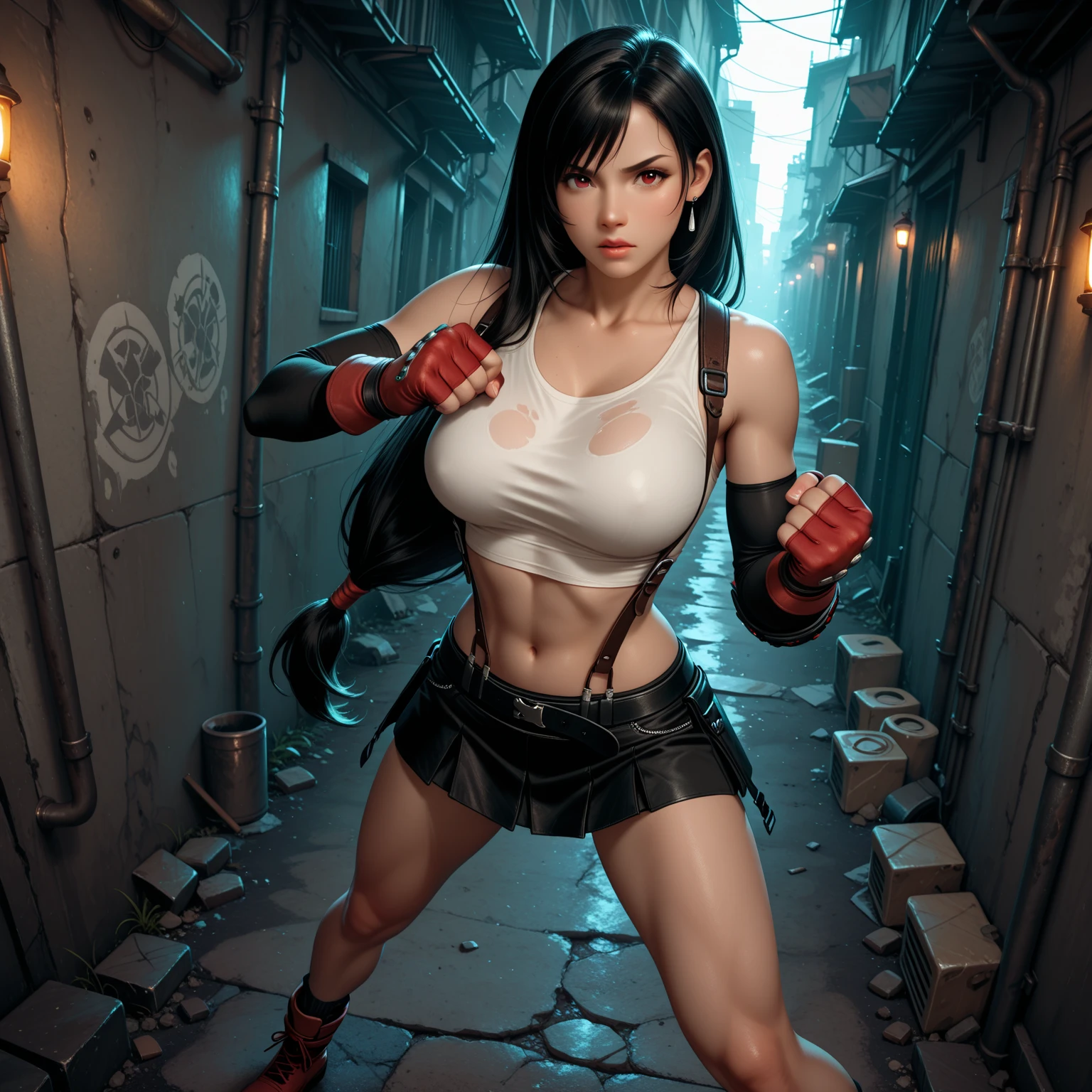 женщина в боксерских перчатках и майке posing для фотографии, beautiful comic, she is ready to fight, fighter pose, in a fighting stance, in a fighting pose, Tifa Lockhart, posing, ready for battle, angry dark haired women, Tifa Lockhart, Fighting pose, fighting game character, fighter, Comic character, zenoscope