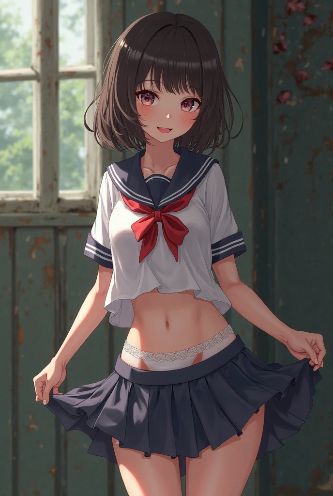 watercolor、Detailed Background,((shabby, Dark hut)),(masterpiece, Highest quality),Highest quality, Amazing details, Anatomically correct, Line art, Written boundary depth,Flat Shading,Bokeh,(Black Hair、Sharp short bob),(Thighs),(Small breasts)、Red cheeks、Embarrassing、hesitation、(Skirt flip)、((White panties))、(School short-sleeved sailor uniform)、(Full body wet)、(See-through bra)White socks Browsing Caution、silhouette:0.8