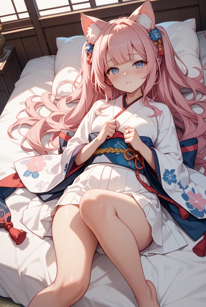 Anime manga girl, with pink hair, in braids hair, Visible, Wearing a yukata, Lie down in bed,no pant,The base of the thigh exposed,streaked