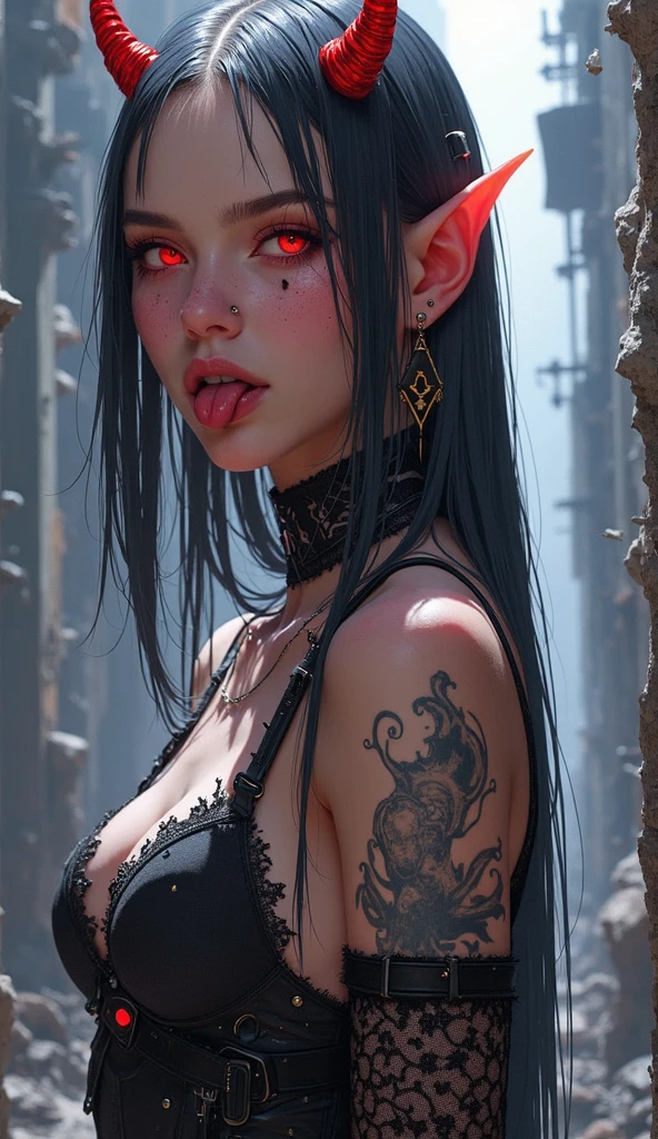 "Compose a chilling scene in which a malevolent, emaciated humanoid figure with unnaturally thin limbs and long, tangled, dark hair, clad in a tattered 1600s black dress, hovers eerily above the ground on a cold, foggy night. Her red eyes glow with an evil intensity, sending shivers down the spine of anyone who dares to witness her. The air is thick with dread and decay, and the atmosphere reeks of terror. Describe the fear and disgust that overtake those who encounter her, and capture the shock value of her grotesque presence. Make sure to convey the unsettling and horrifying nature of this malevolent character, leaving readers with a lingering sense of horror and unease."
