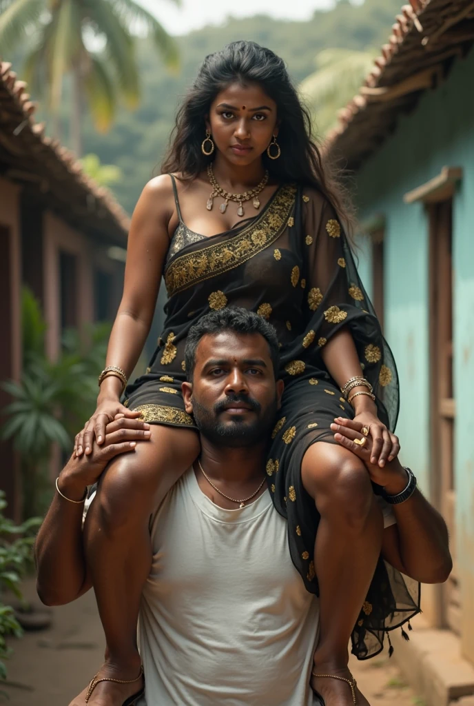 Sexy Indian actress with dark skin lifting a large chubby man high above her head with her strong arms. Photorealistic. Wide angle. Farmhouse in the background, natural smile 