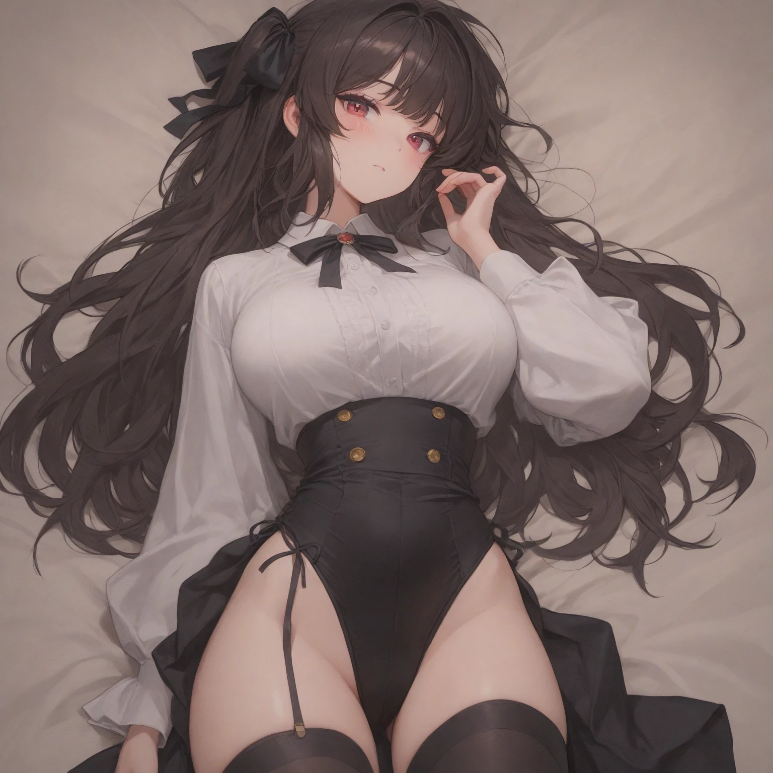 female anthro zebra ,Brown long fluffy hair, fluffy hair, zebra, big breasts, attractive, secretary clothes, skirt thicc body, thicc body, thicc, freckles, freckles on face, neutral expression, smug eyes,, garter belt tights, she is  laying on bed (thick thighs:1.5)