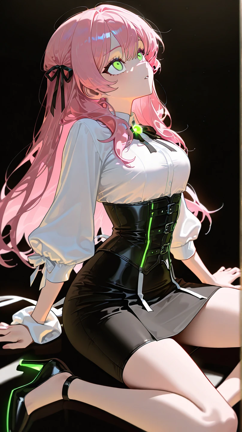 ((blood droplets)), ((blood)), ((blood splatter)), ((blood on clothes)), ((blood stain)), Masterpiece, Beautiful art, professional artist, 8k, art style by sciamano240, Very detailed face, Detailed clothing, detailed fabric, 1 girl, View from above, lying completely on the ground, perfectly drawn body, dead expression, lifeless, pale skin, beautiful face, long black fur, Closed eyes, pink cheeks, glasses, choker:1.6, (white collar button down long sleeve shirt), black gloves, gloves that cover hands, (holding an ax in his right hand), (black leather corset), (shiny black leggings), Sensual Lips , evening de invierno, Dark road, Snowy forest, evening, Atmosphere, snow
