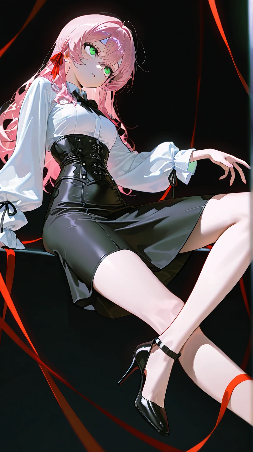 masterpiece, flat color, extreme detail, crisp textures,
1girl, black pantyhose with dress but bare shoulders, long hair, pink hair, red eyes, floating hair, feet,
sitting, soft light, simple dark background, from below,