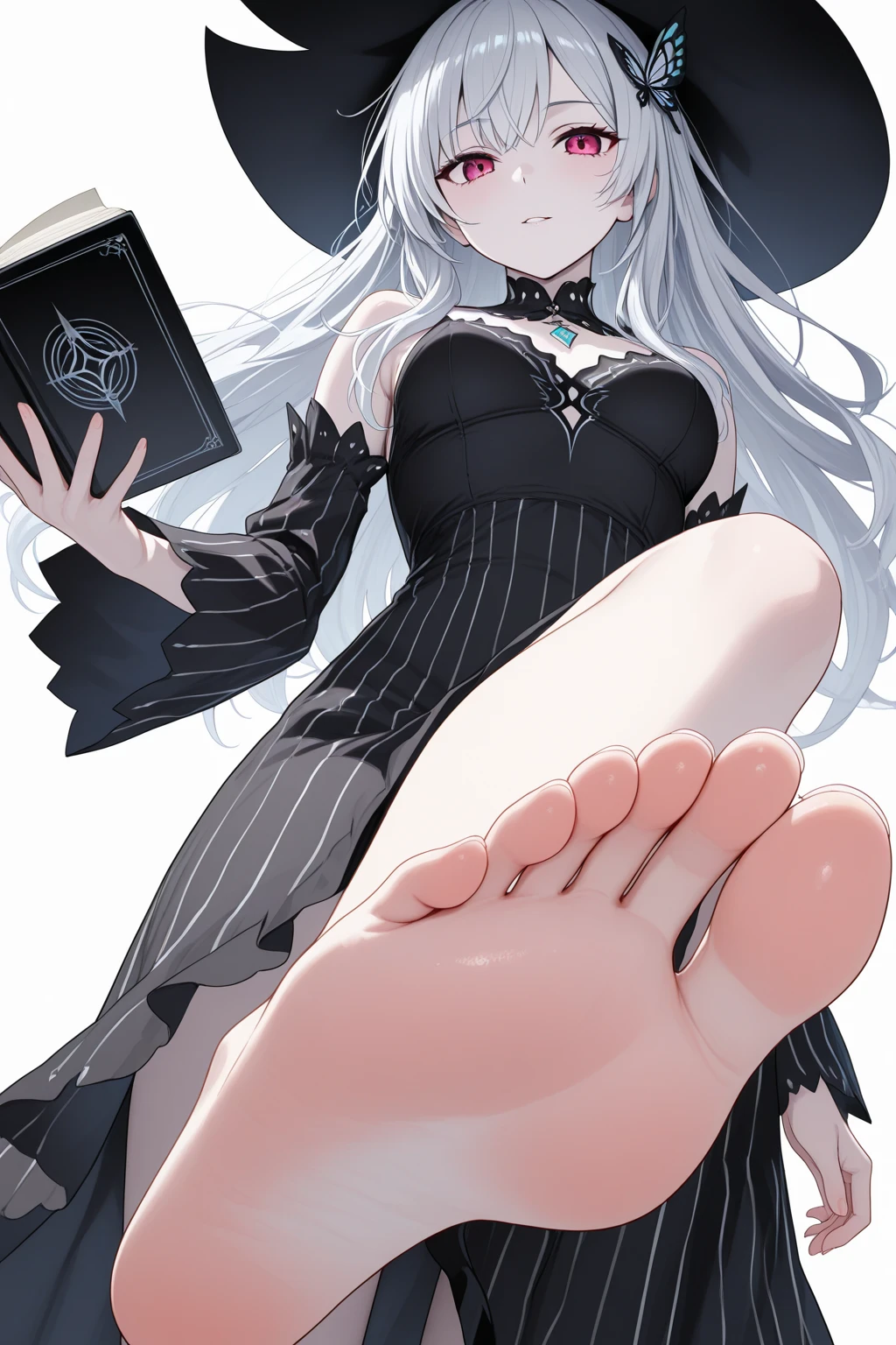 1girl, succubus,  long dress, ((from below, foot foucs)), sadistic smile, crossing leg, sitting, masterpiece, best quality,