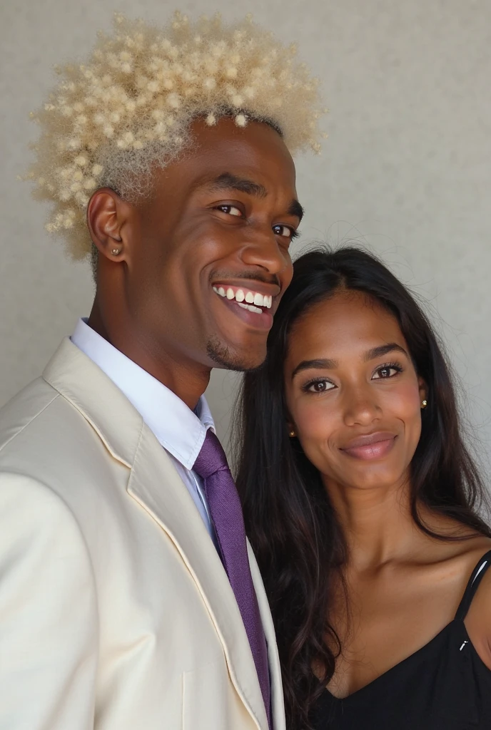 "Elsa Jean and black boy in a warm embrace, captured in a candid moment. Elsa Jean is adorned with exquisite jewelry, wearing a stunning Indian traditional saree, complemented perfectly by her striking red lipstick. Meanwhile, black boy looks dashing in a stylish kurta. The scene unfolds at a grand wedding event."