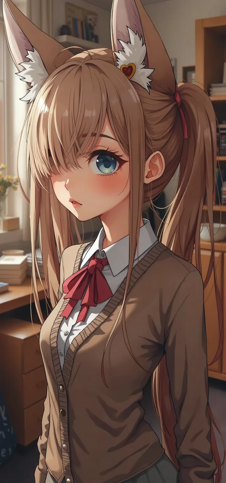 porn image.(from below:1.2),(1girl,ultra detailed skin,curvy,,beautiful breasts,large breasts,pale skin,pointy breasts,erect nipples),(Hyperrealist portrait,(8k),ultra-realistic,high detail,high resolution,best quality,masterpiece,Sense of presence,Dynamic,bold),(thin and soft hair:1.8),(straight hair),(Swept long bangs),(extra light coppery amber hair),(hair over one eye),(clothed:1.5,school uniform:1.5)