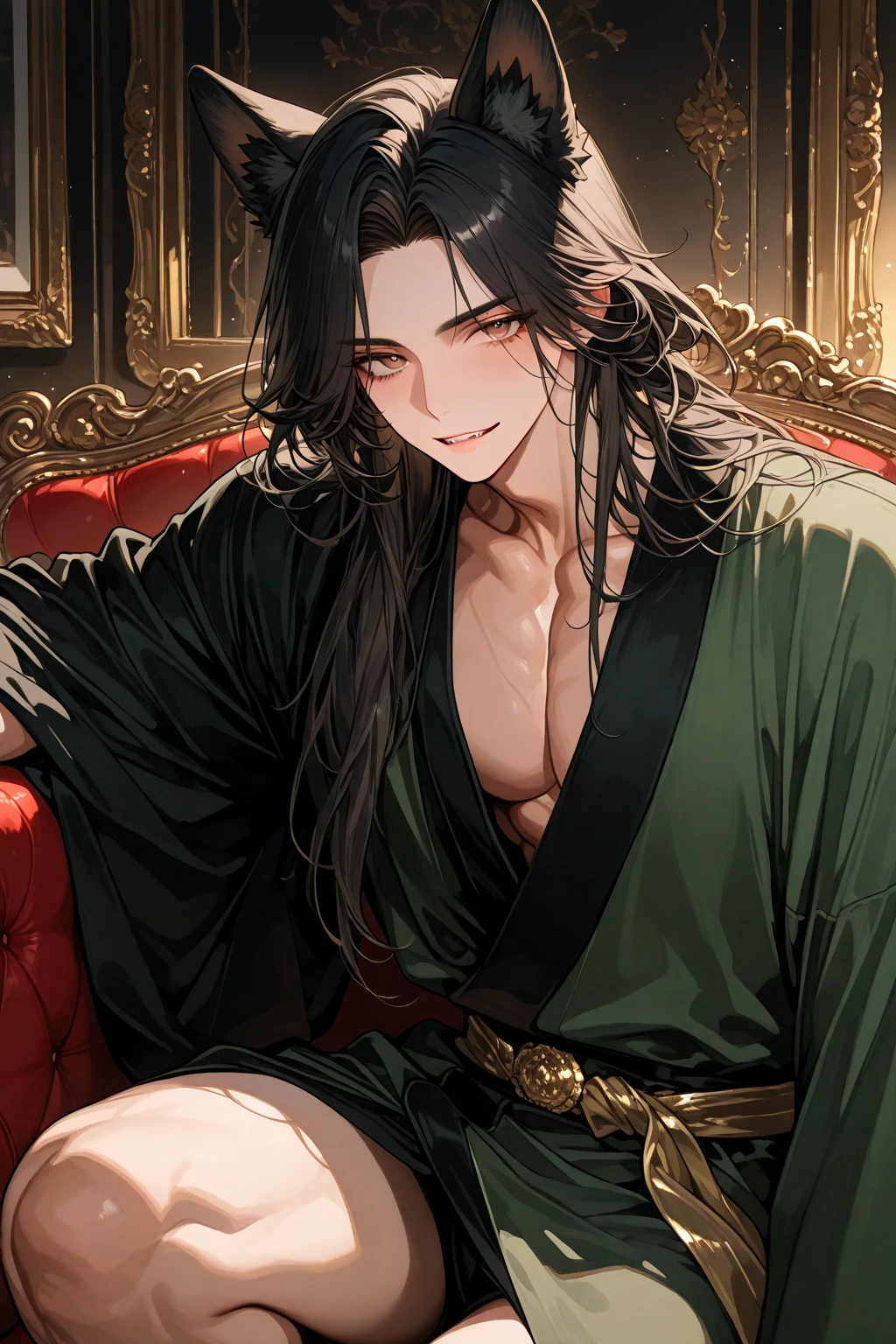 black hair, alucard, full body, 1 beautiful male god of death, detailed anime character art, male vampire of clan banu haqim, l vampire, with his long black hair, androgynous vampire, detailed 25 year old male face, ultra realistic anime, red eyes, no emotions, INTJ, intelligent, sexy, attractive, full body, tongle, no clothes, no shirt, adult content, on the bed