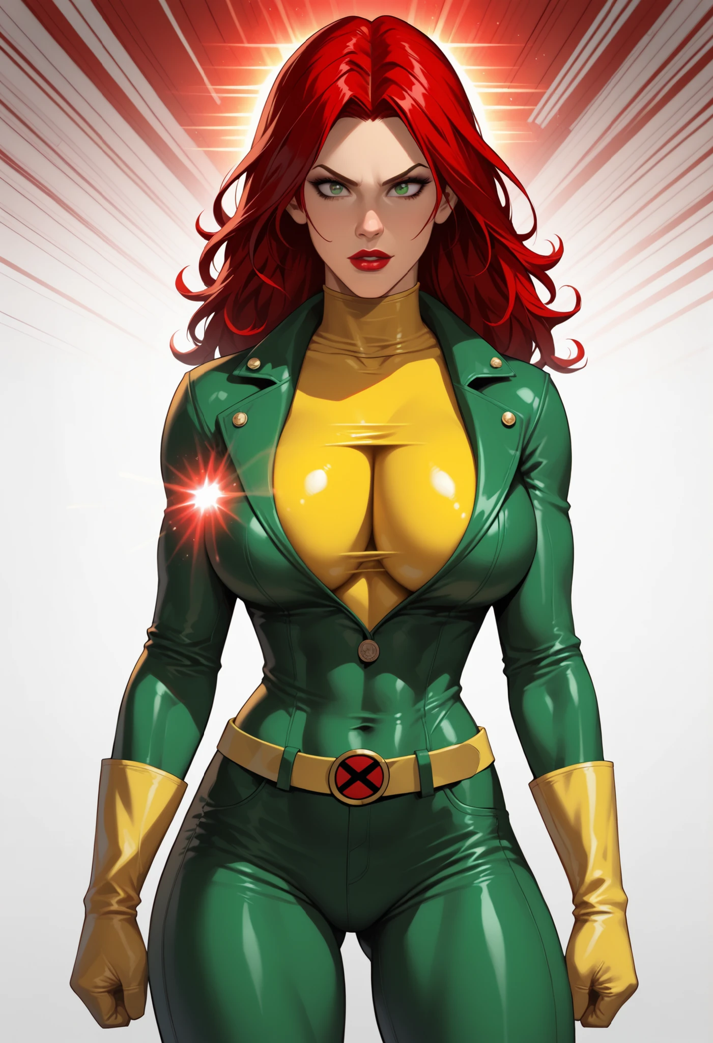 Rogue from Marvel's x-men wearing 1990s outfit with thick hips and thighs, a flat stomach and 90s era x-men red curly hair with white hair on top, hair is two colors, wearing X-men belt buckle, highest quality, realistic art, (hair is white on top of head red on the sides, make hair as is specified in prompt), unzipped front to show cleavage, semi realistic, design character as specified in prompt, portrait sized image