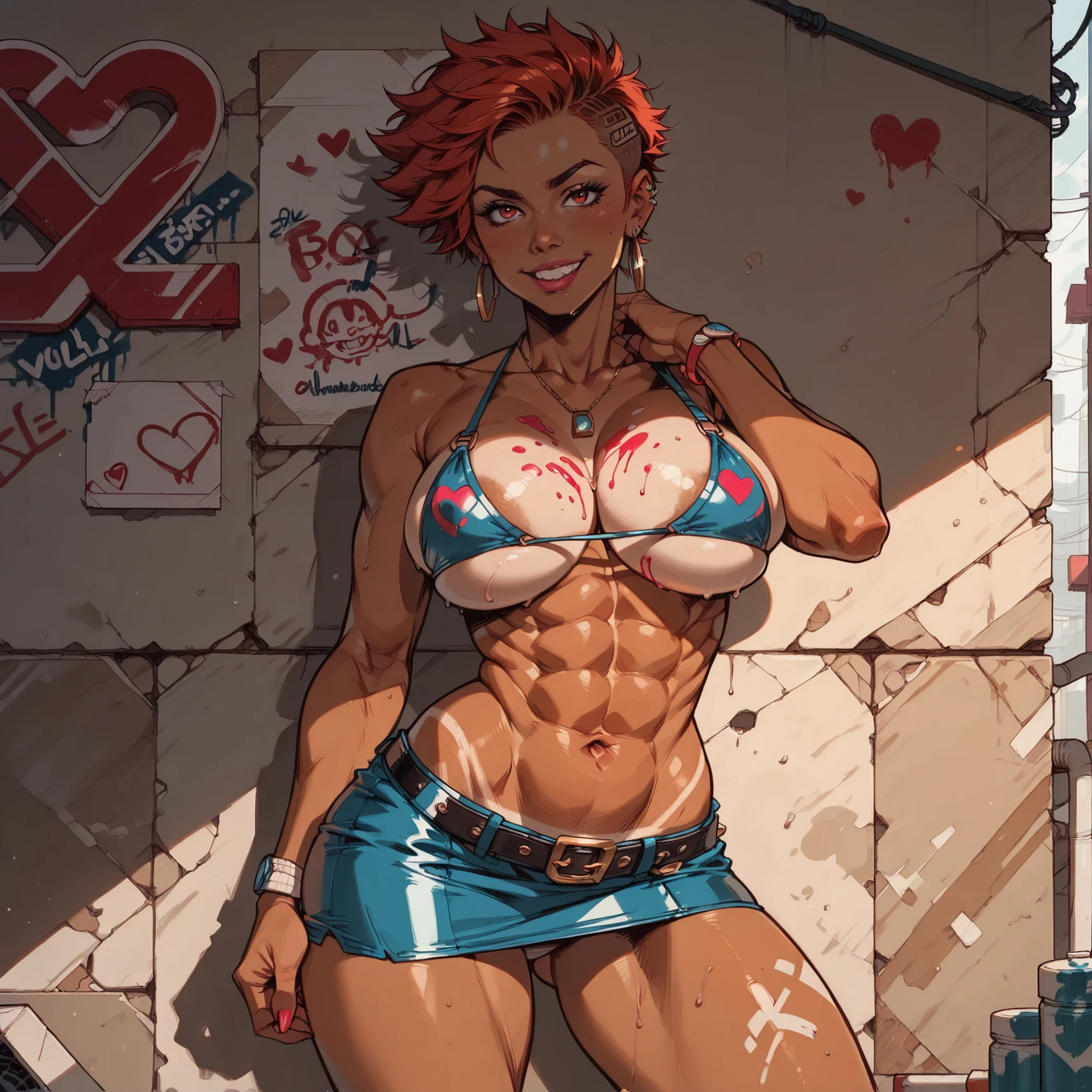 in a living room, one hand on hip, seductive smirk, medium breasts, wide hips, big ass, Rhaenyra,standing, blushing,sweating, muscular arms