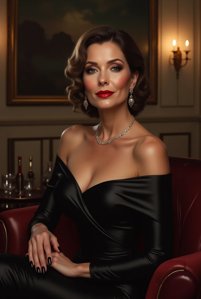 poloid frame filter 1940s elegant lady, sophisticated trophy wife, femme fatale, bangs hairstyle, formal dress gown, sitting on throne, formal posture, glasses, quaint, elegant, portrait, high quality, realistic, photorealistic, 8K, vivid colors, studio lighting, chiaroscuro, dramatic lighting