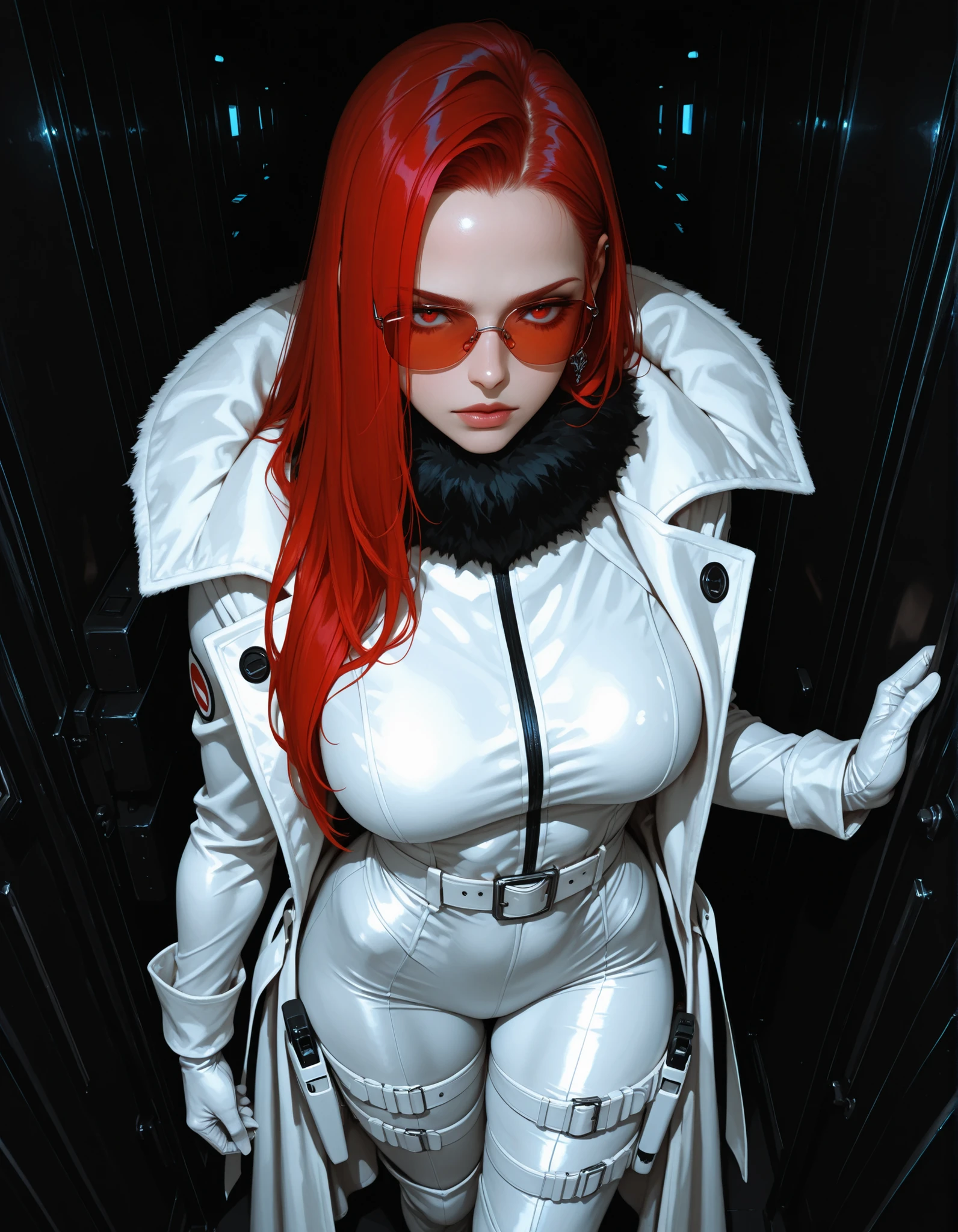 (unbuttoned clothes:2),faceless,best quality, ultra detailed,atomic heart, robot, android, cyborg, (mirror:0.8), (((faceless))), 1girl, (solo:2),standing, (red hair:2), (long braided hair:1.2), (single bang:1.2), medium breasts, (white shirt:1.4), (black long necktie:1.5),full body,(interview:1.3), (dark background, chains:1.3),, RAW photo, 8k uhd,, Masterpiece,best quality, beautifully painted,highly detailed,