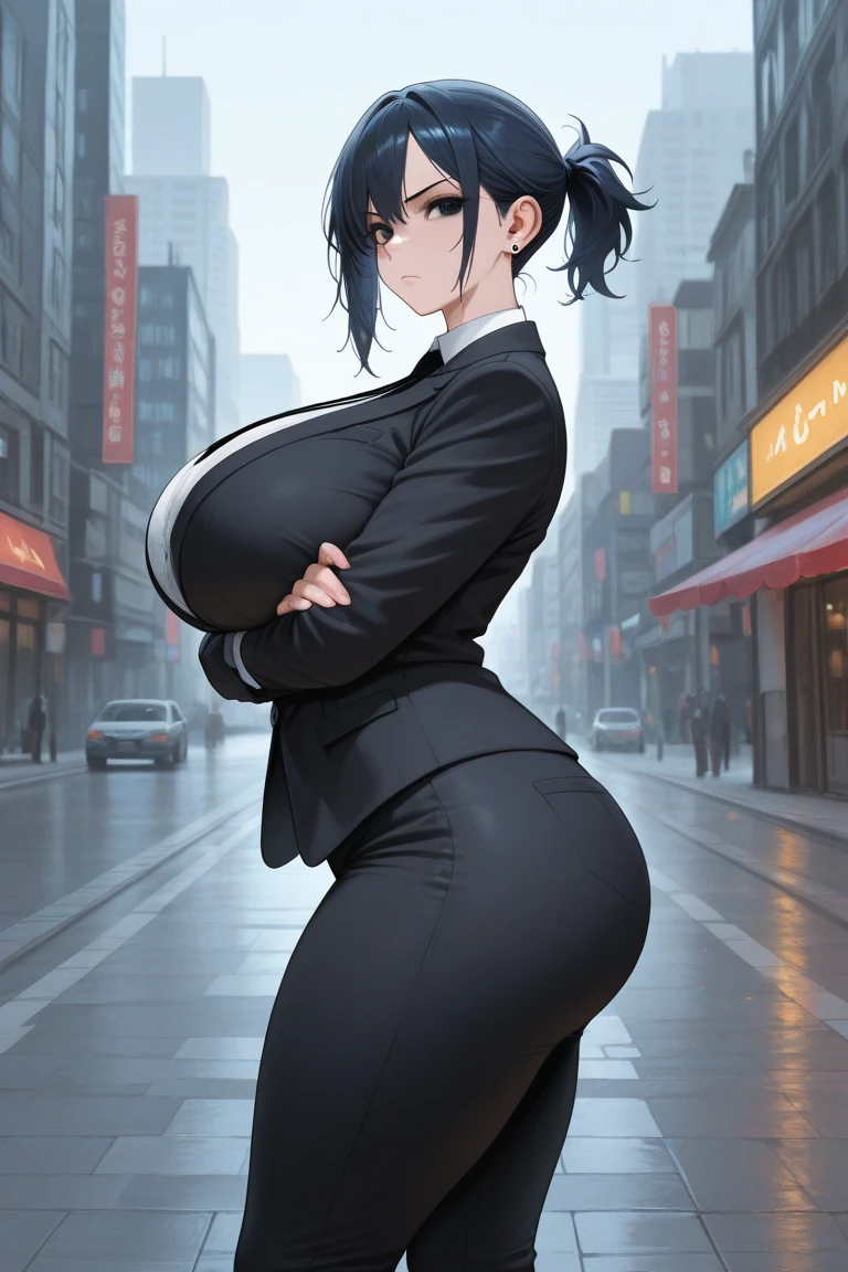 ((1 girl)), ((alone)), Fubuki, ((Fondo de pantalla CG unity 4k extremely detailed)), (Masterpiece), (Ultra quality), (ultra detailed), (best illustration), (best shadow ), (extremely detailed), looking at the viewer, (absurdities), (detailed background), curvy body, dynamic pose, cowboy photo, big breasts, narrow waist, Wide hips, medium thighs, round butt, black fur, (green eyes: 1.2), short short hair, big breasts, black dress, dress, white fur coat, long neck, jewelry, collar, cropped shoulders, tight clothes, tightly dressed , SMILE, Open mouth, seductive, standing, cowboy photo, Propensity forward, Propensity, backlighting, ((Alone)), ((standing:1.4, outdoor, City, Cityscape, streets, evening, farolas la City, arms behind the back)), looking back, from behind, ((Focus on the ass)), point of view: (from below), perfect anatomy, perfect hands