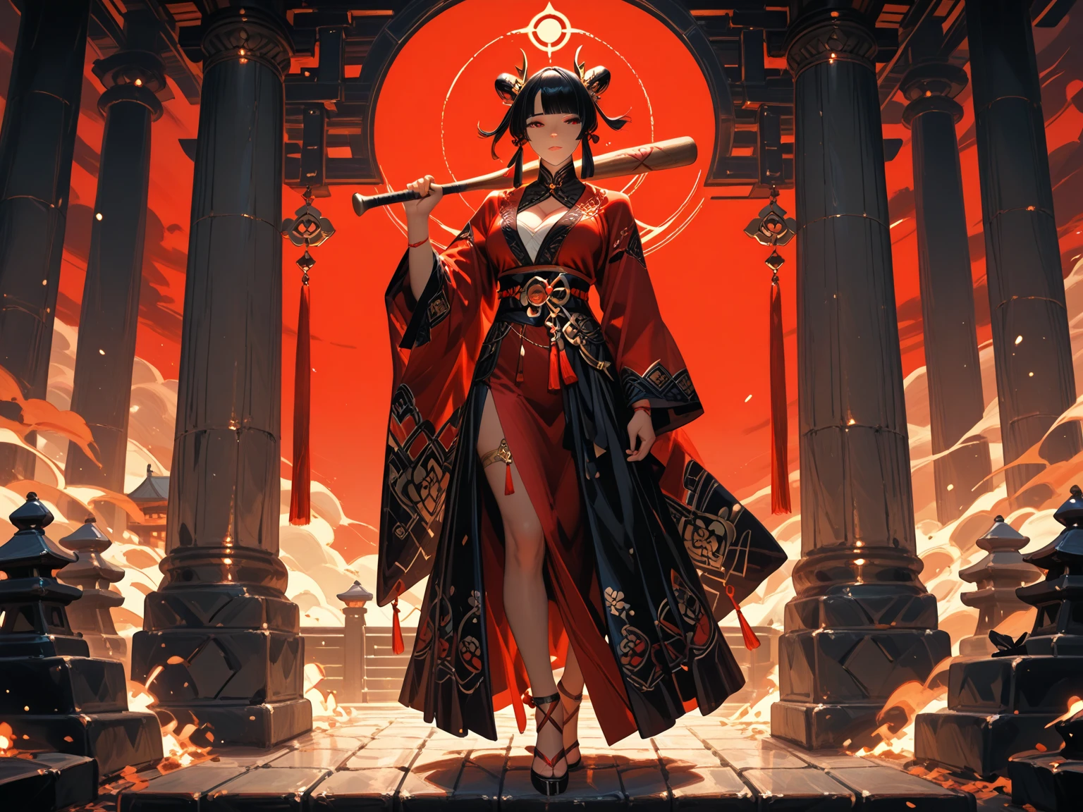 Black hair, short hair, bangs, white kimono, kimono with rips, red katana with black flames, large breasts, curvy woman, thin waist, thick legs, medieval red boot, ruins of a castle, brown colored eyes, earrings in the shape of a sword, indifferent look, mature woman, flames in black color coming out of the katana, walking, giant white wolf with red eyes.
